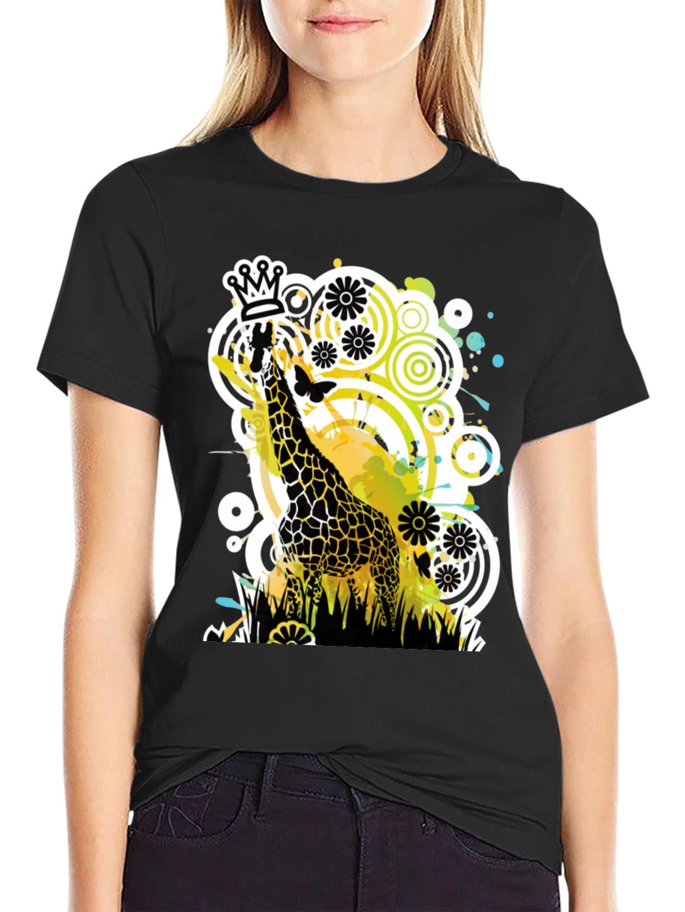 Black Crowned Giraffe Graphic Tee - Modern Art Shirt view 2