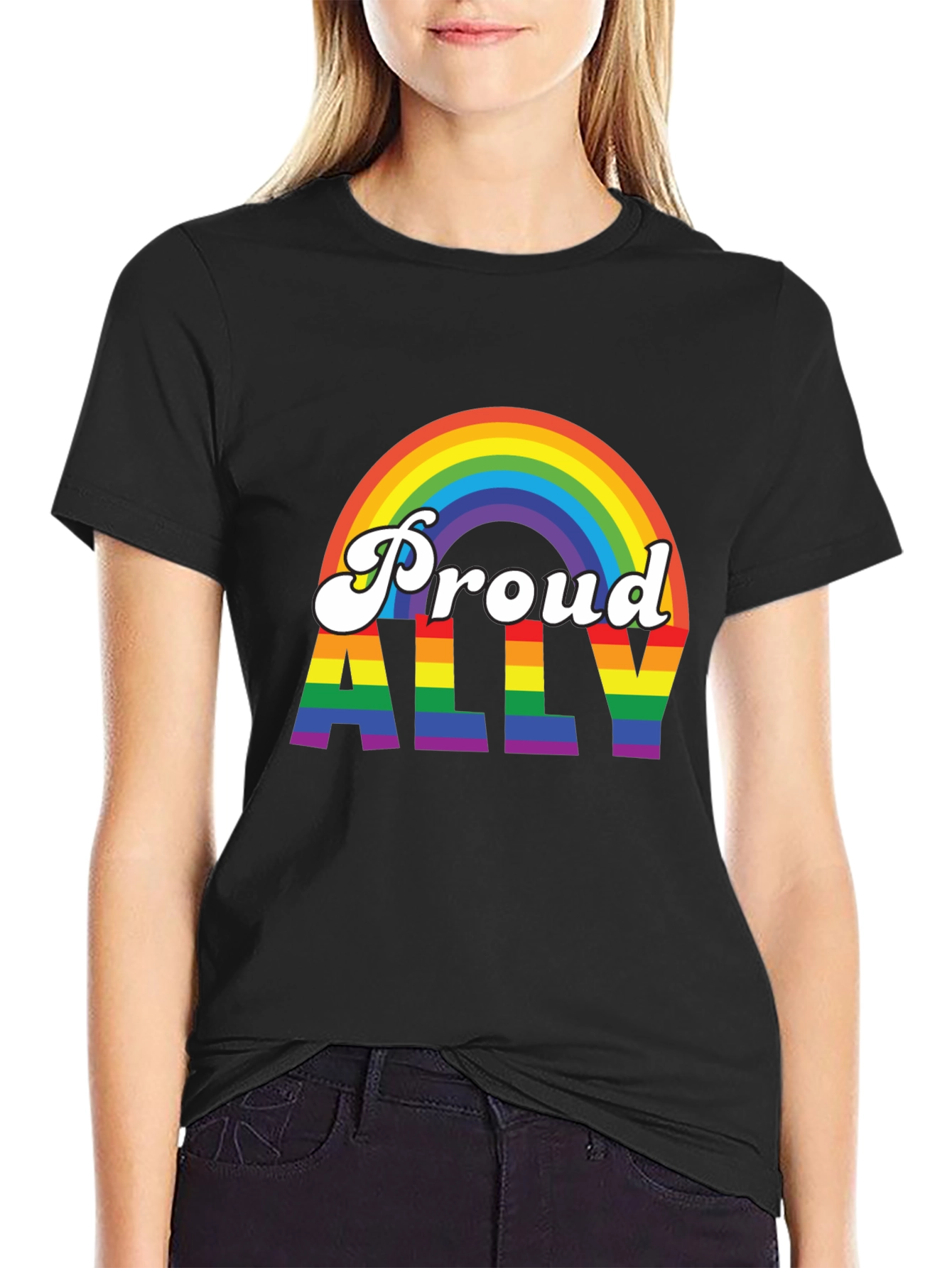 Black Proud Ally Rainbow Graphic T-Shirt view 2