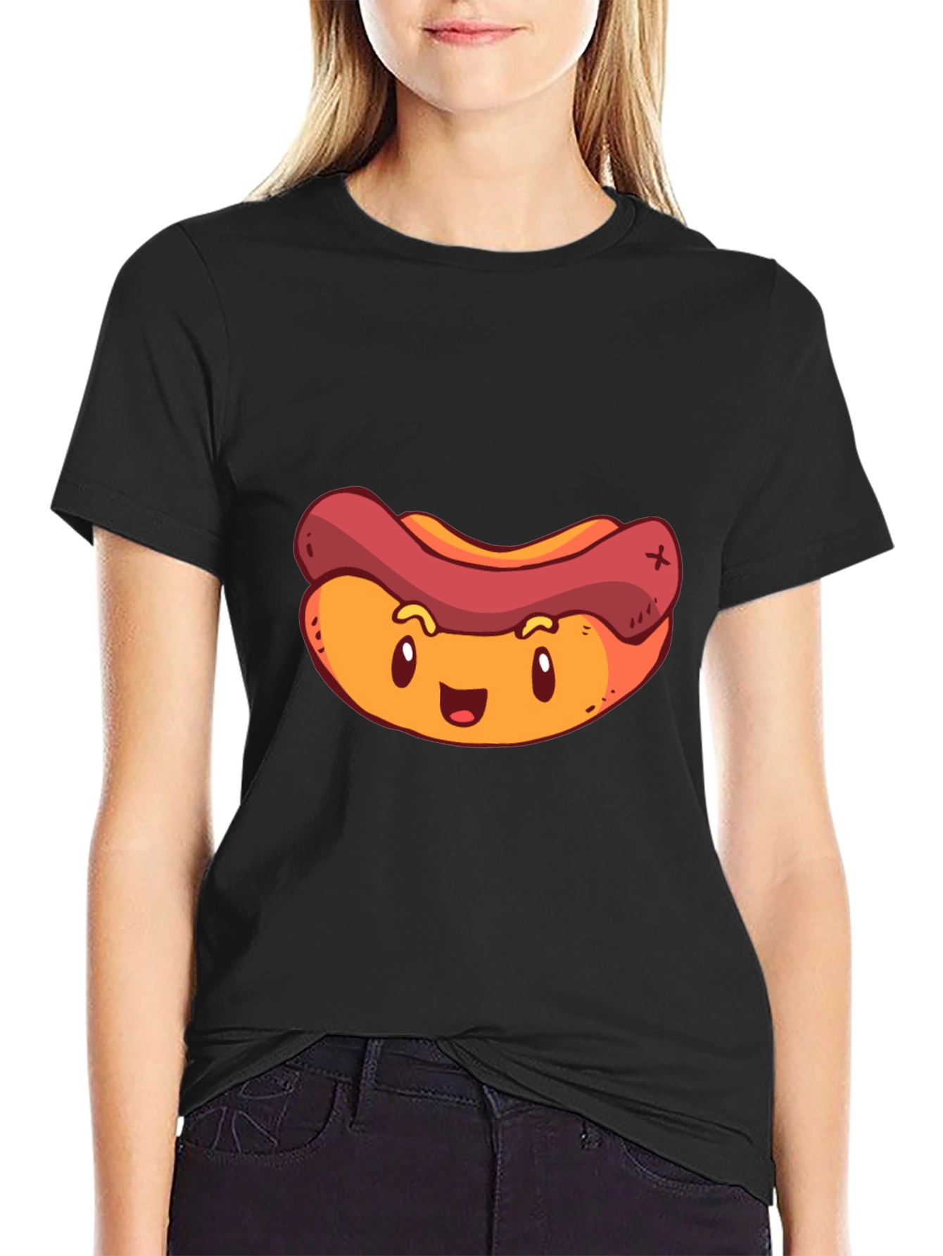 Black Cartoon Hotdog Graphic T-Shirt - Black view 2
