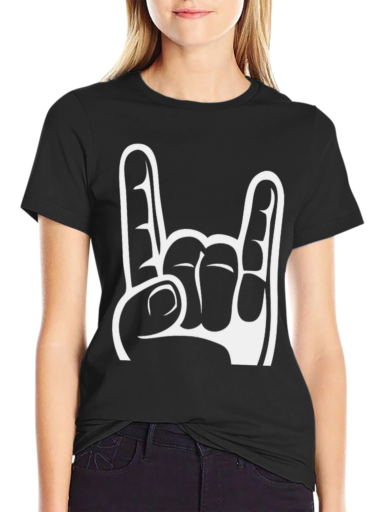 Black Rock On Hand Gesture Graphic Tee - Black Cotton T-Shirt view 2