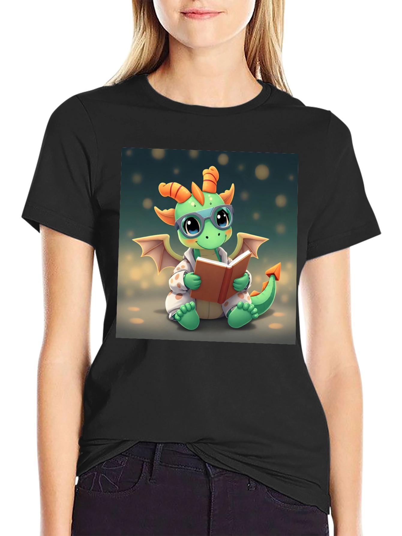 Black Cute Dragon Reading Book Graphic Tee view 2