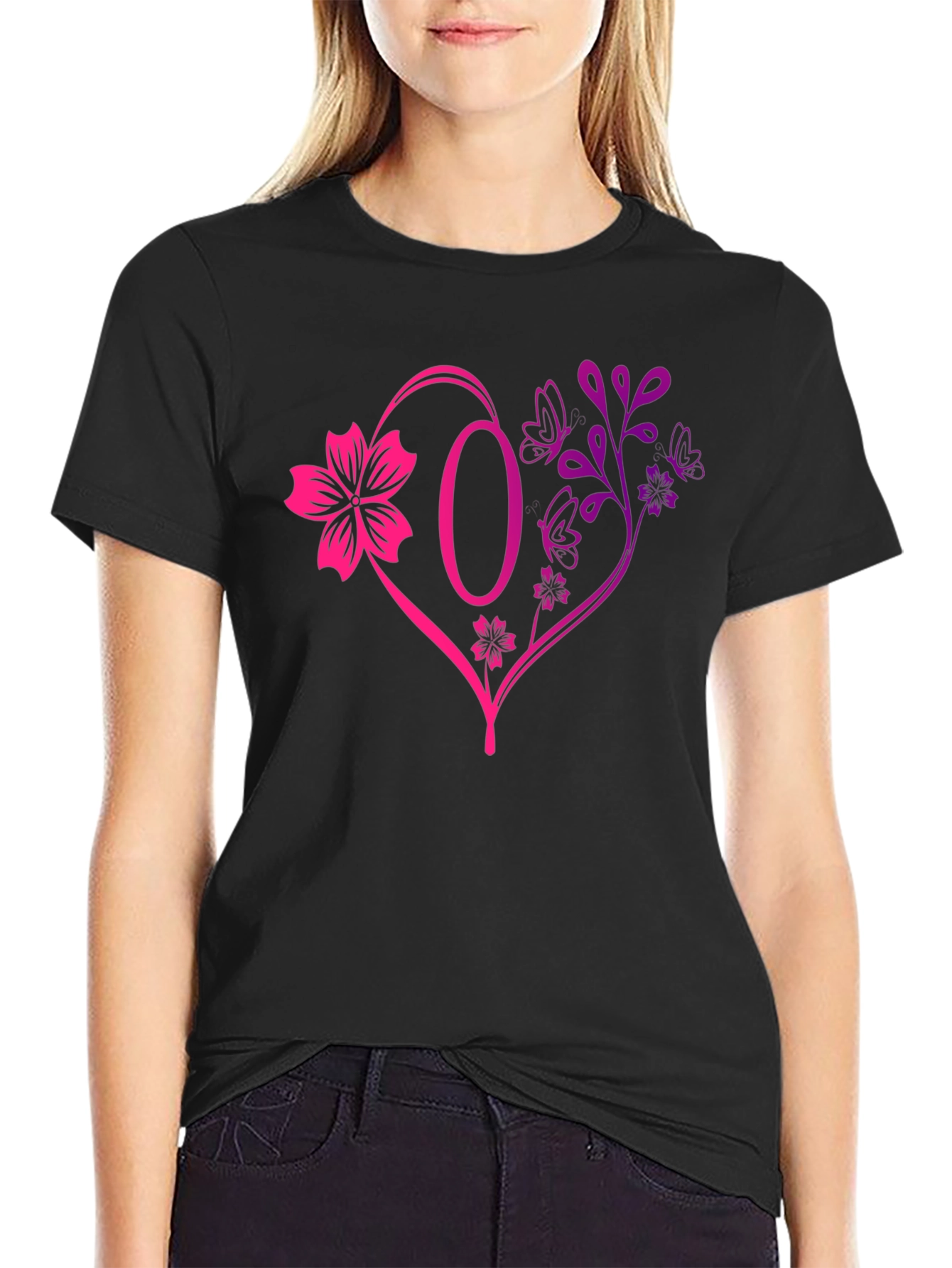 Black Floral Heart Initial T-Shirt - Personalized Letter O Design view 2