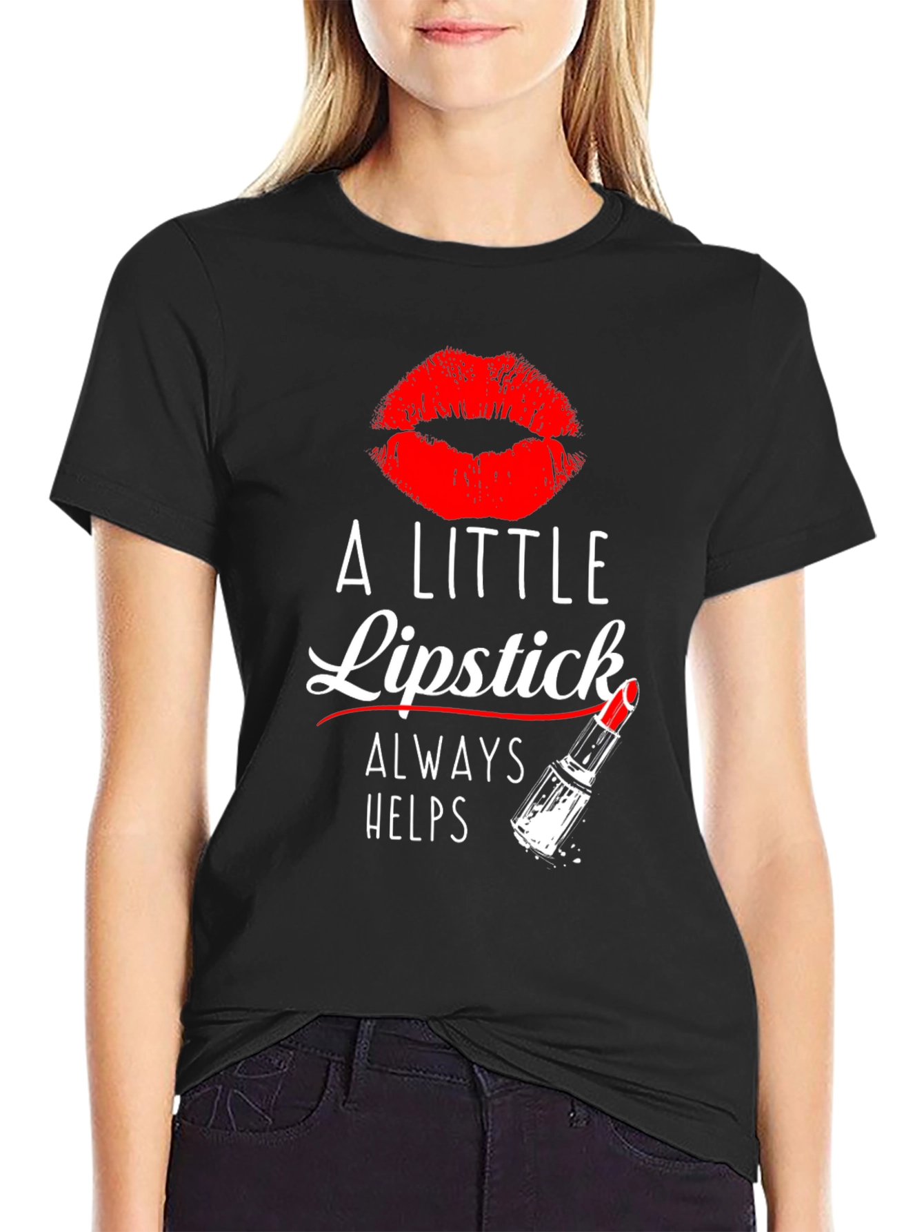 Black A Little Lipstick Always Helps T-Shirt view 2