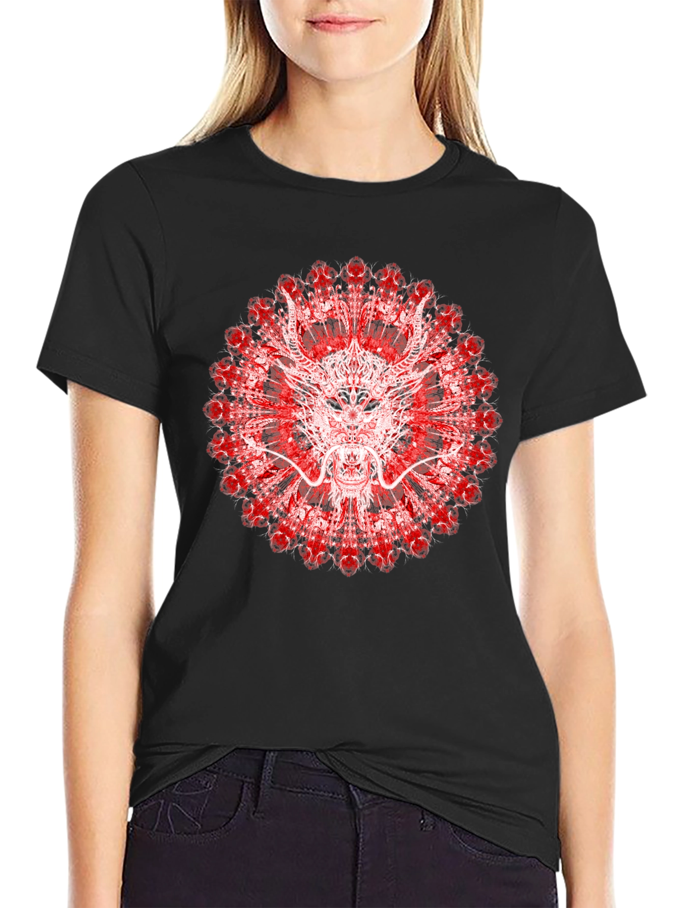 Black Dragon Mandala Graphic Tee - Unique Red & White Design view 2