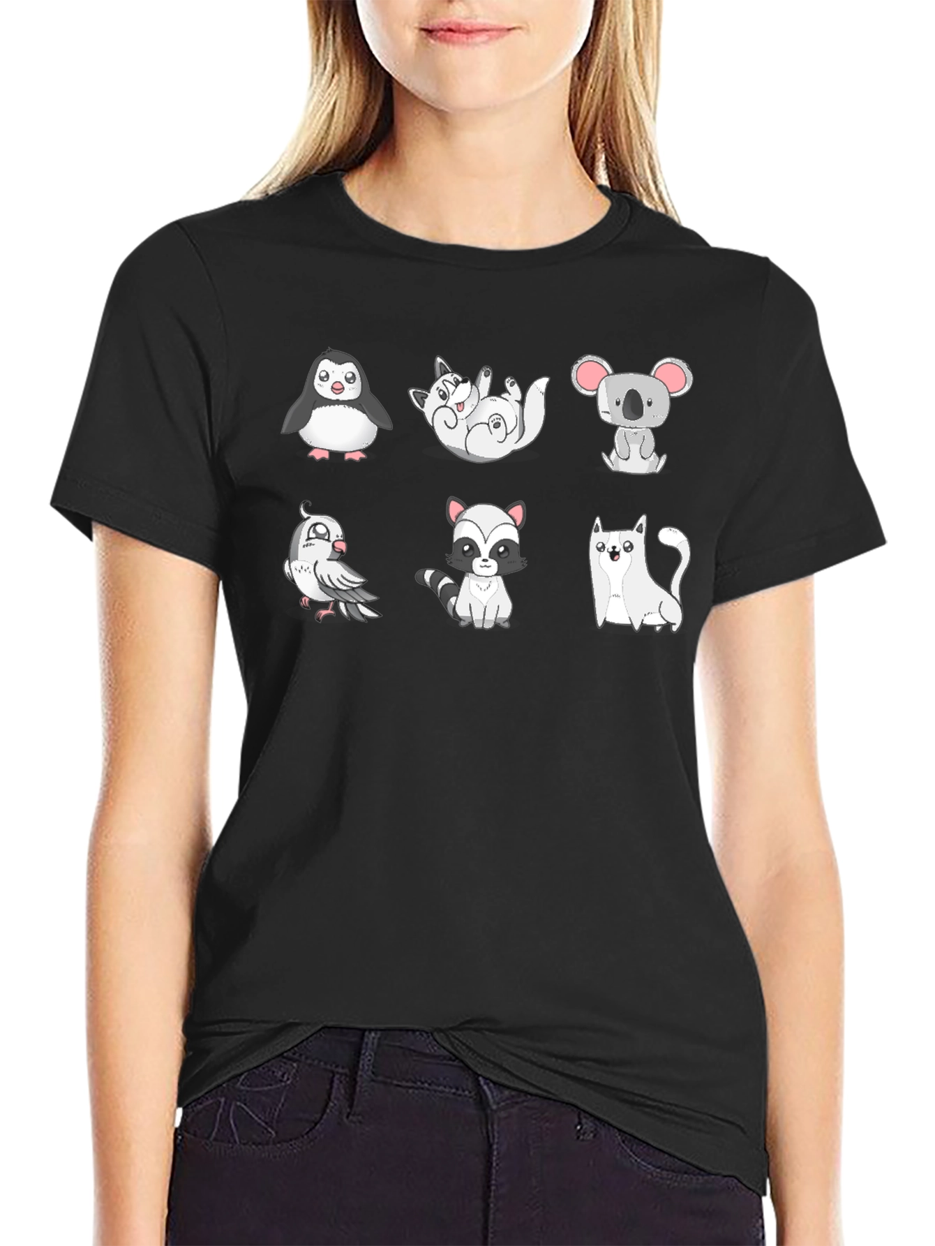 Black Cute Animals Graphic Black T-Shirt view 2