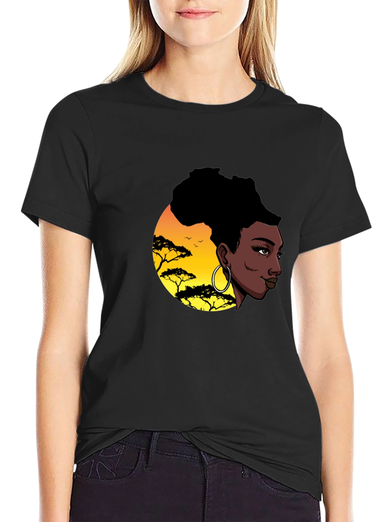 Black Stylish Black T-Shirt with African Sunset Graphic view 2