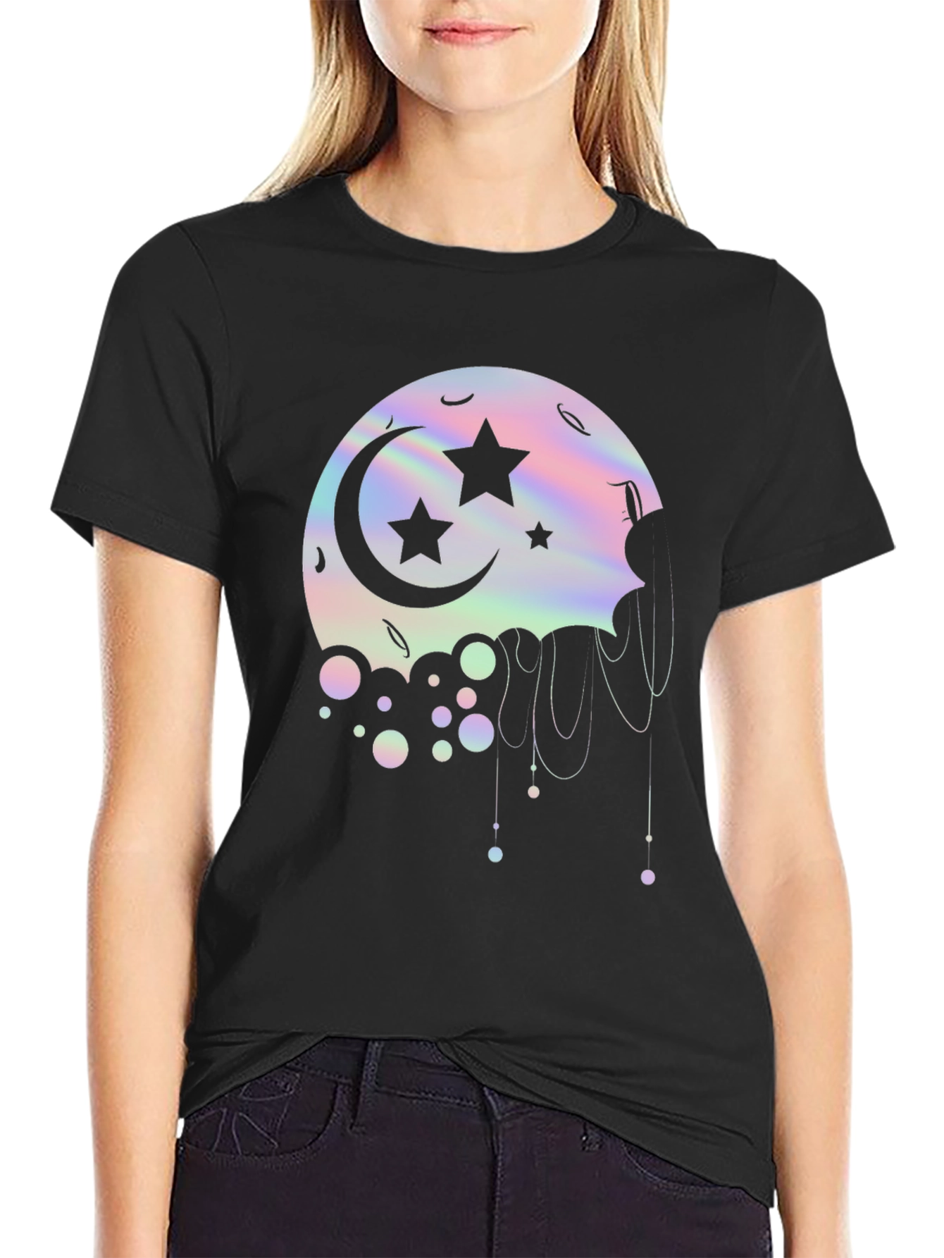 Black Dreamy Moon Stars Graphic Tee - Black Cotton T-Shirt view 2