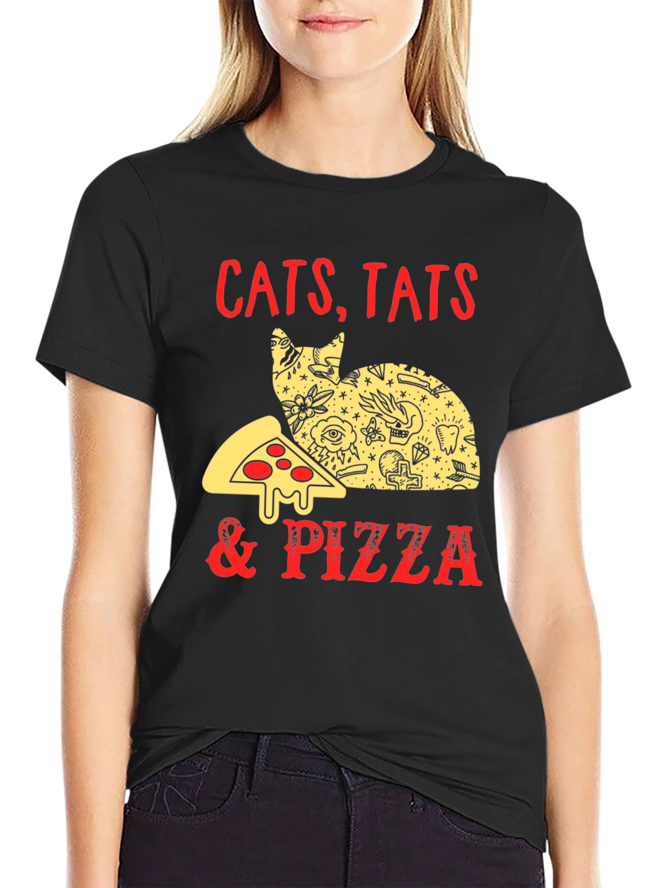 Black Cats Tats & Pizza Funny Graphic T-Shirt view 2