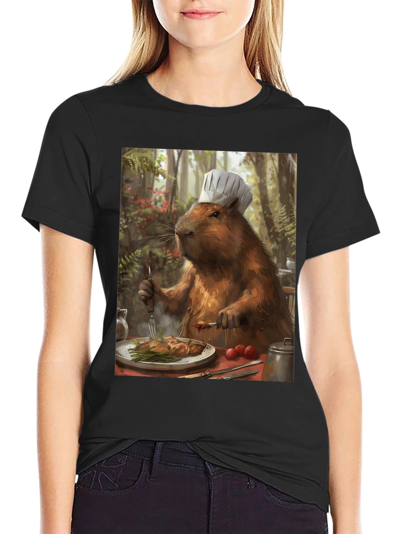 Black Chef Capybara T-Shirt - Humorous Animal Tee view 2