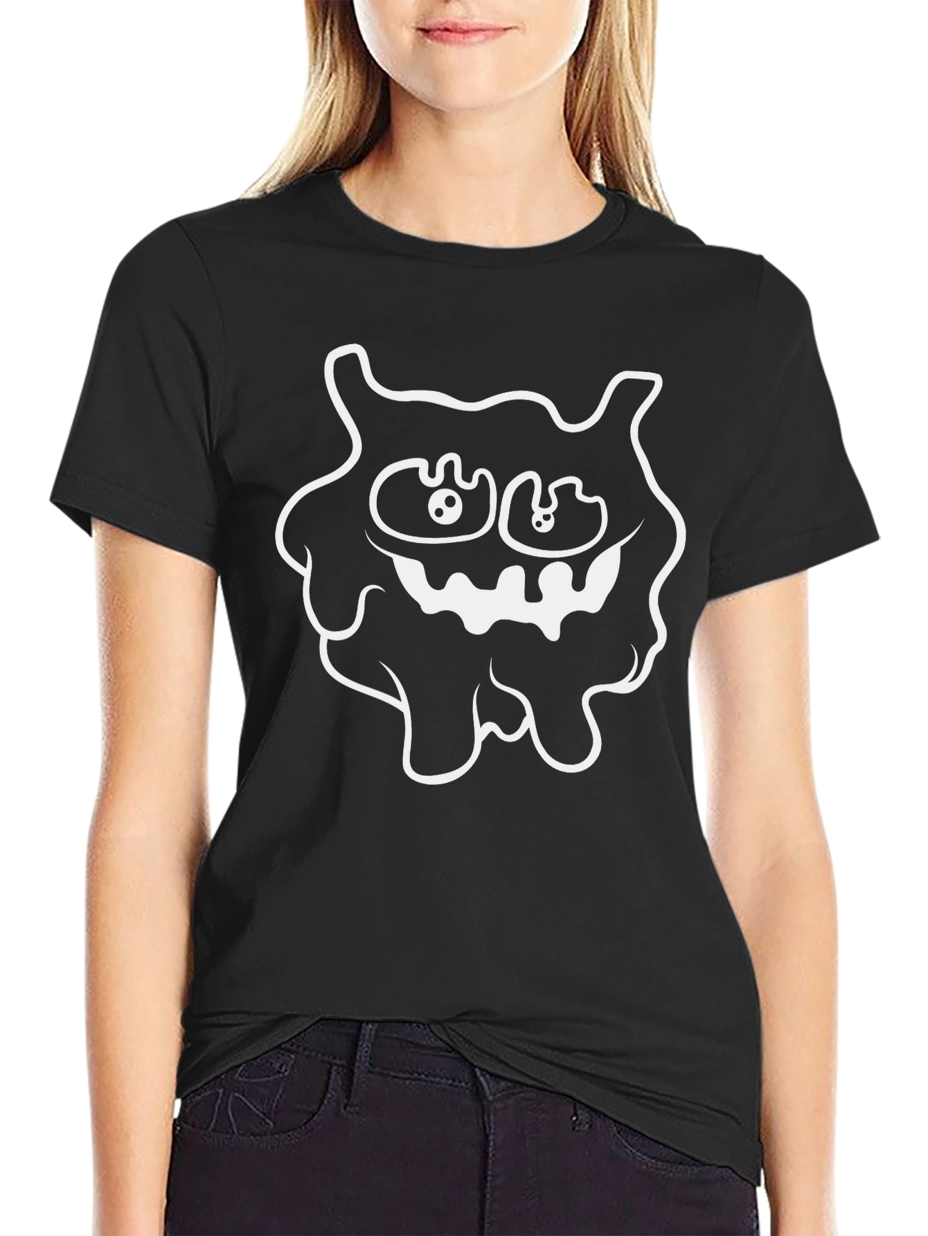Black Funny Cartoon Monster Graphic Tee - Black view 2