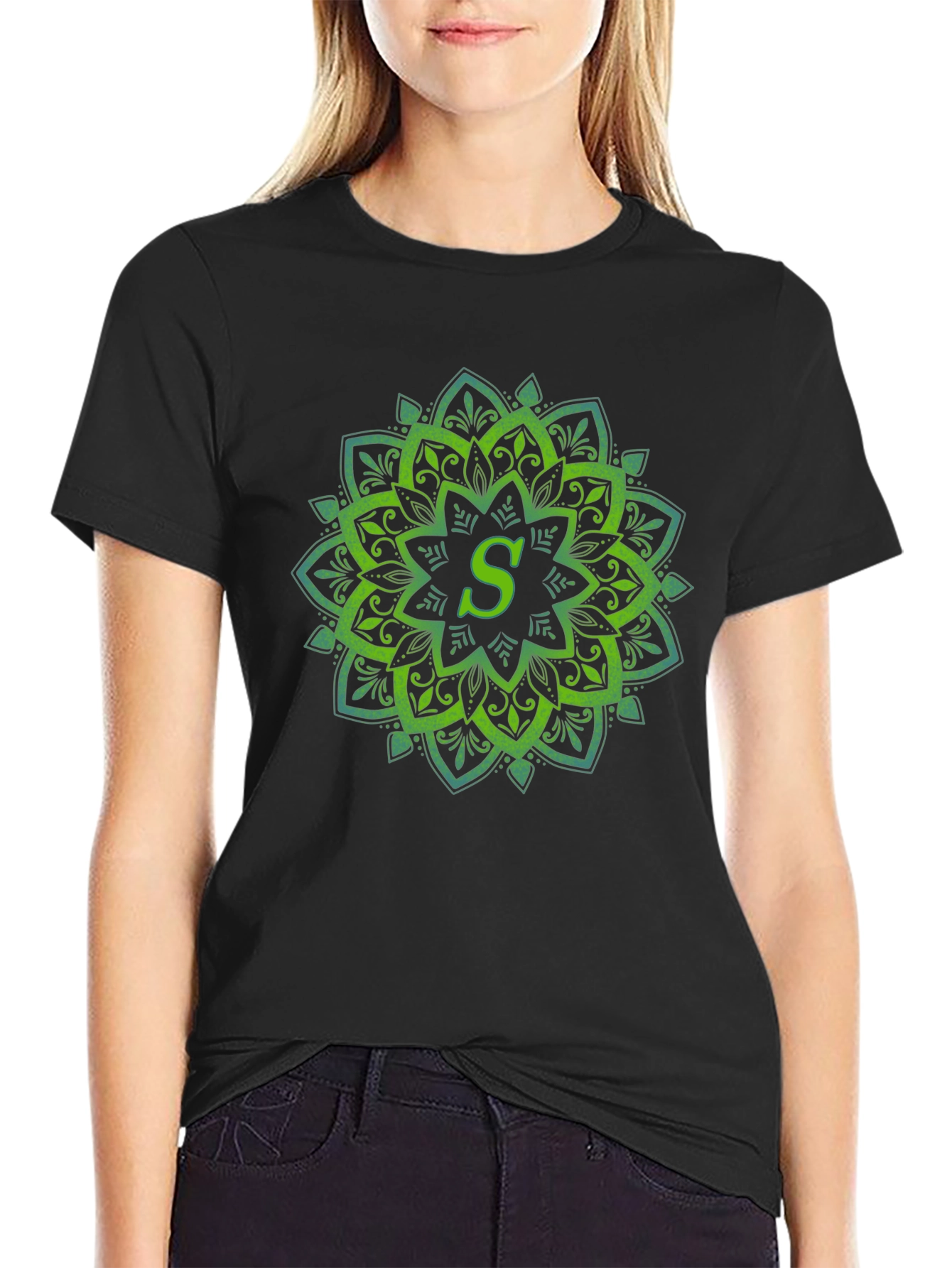 Black Green Mandala Letter S T-Shirt view 2