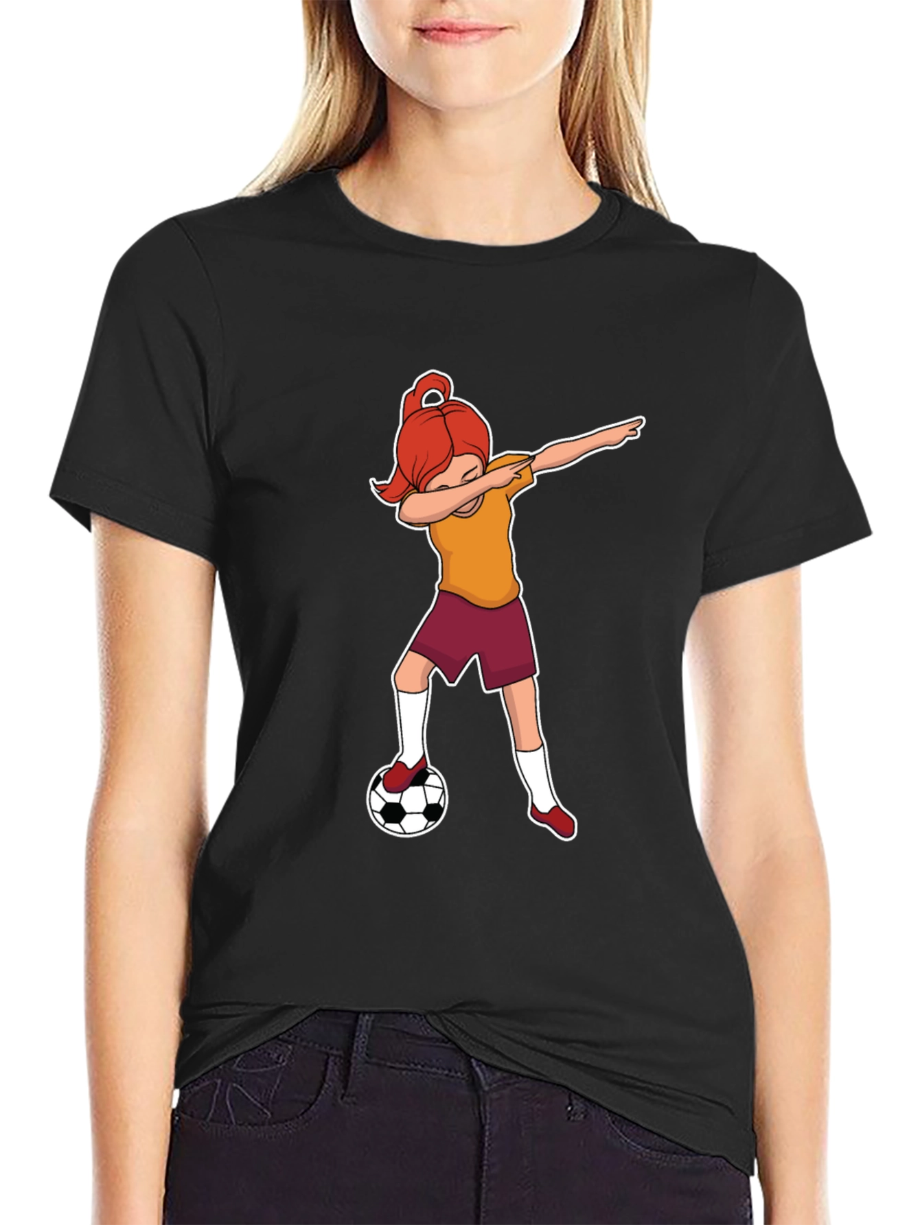 Black Soccer Dabbing Girl Graphic T-Shirt view 2