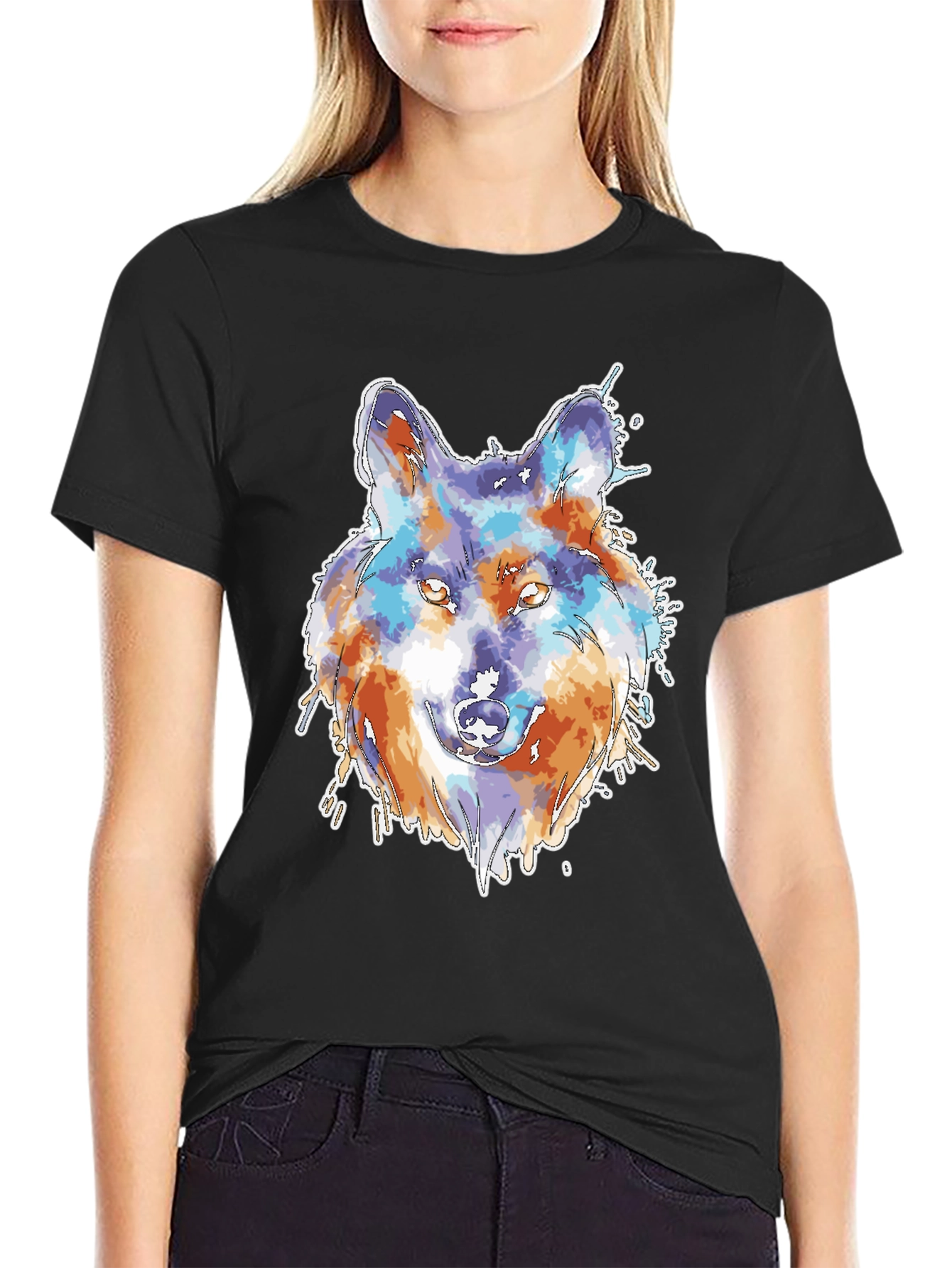 Black Wolf Watercolor Graphic Print Black T-Shirt view 2