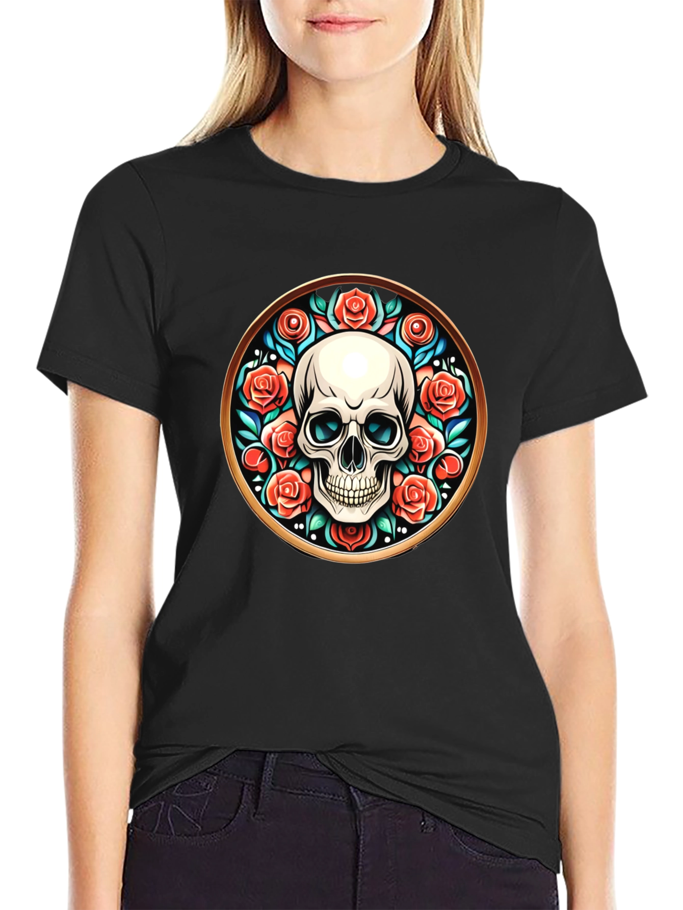 Black Skull & Roses Graphic Tee - Unique Round Design view 2