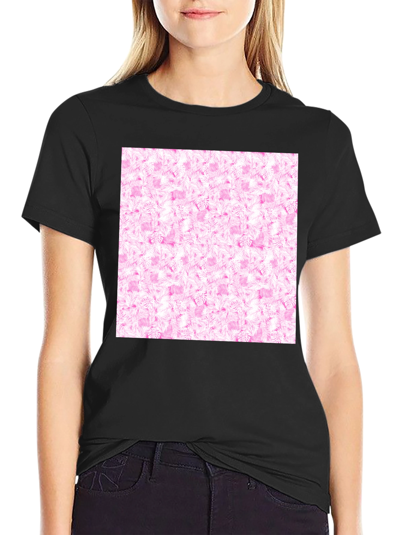 Black Black Tee with Pink Floral Pattern view 2