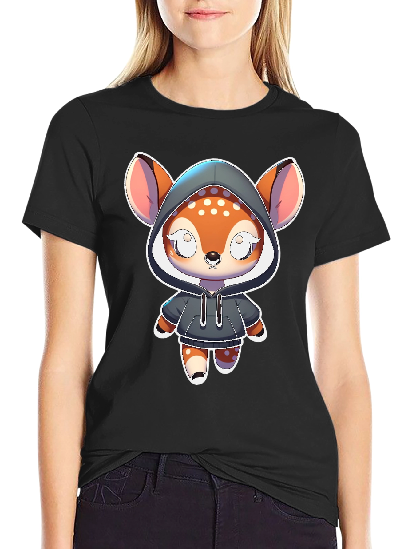 Black Cute Cartoon Deer Hoodie T-Shirt view 2