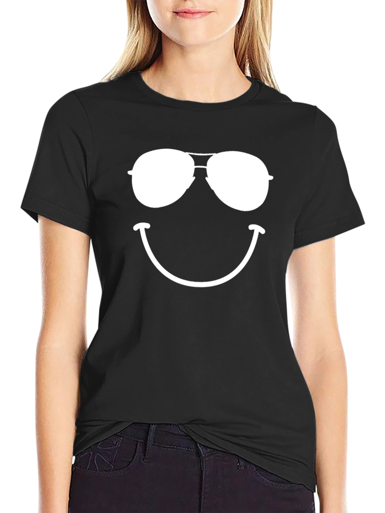Black Cool Aviator Smiley Face T-Shirt view 2