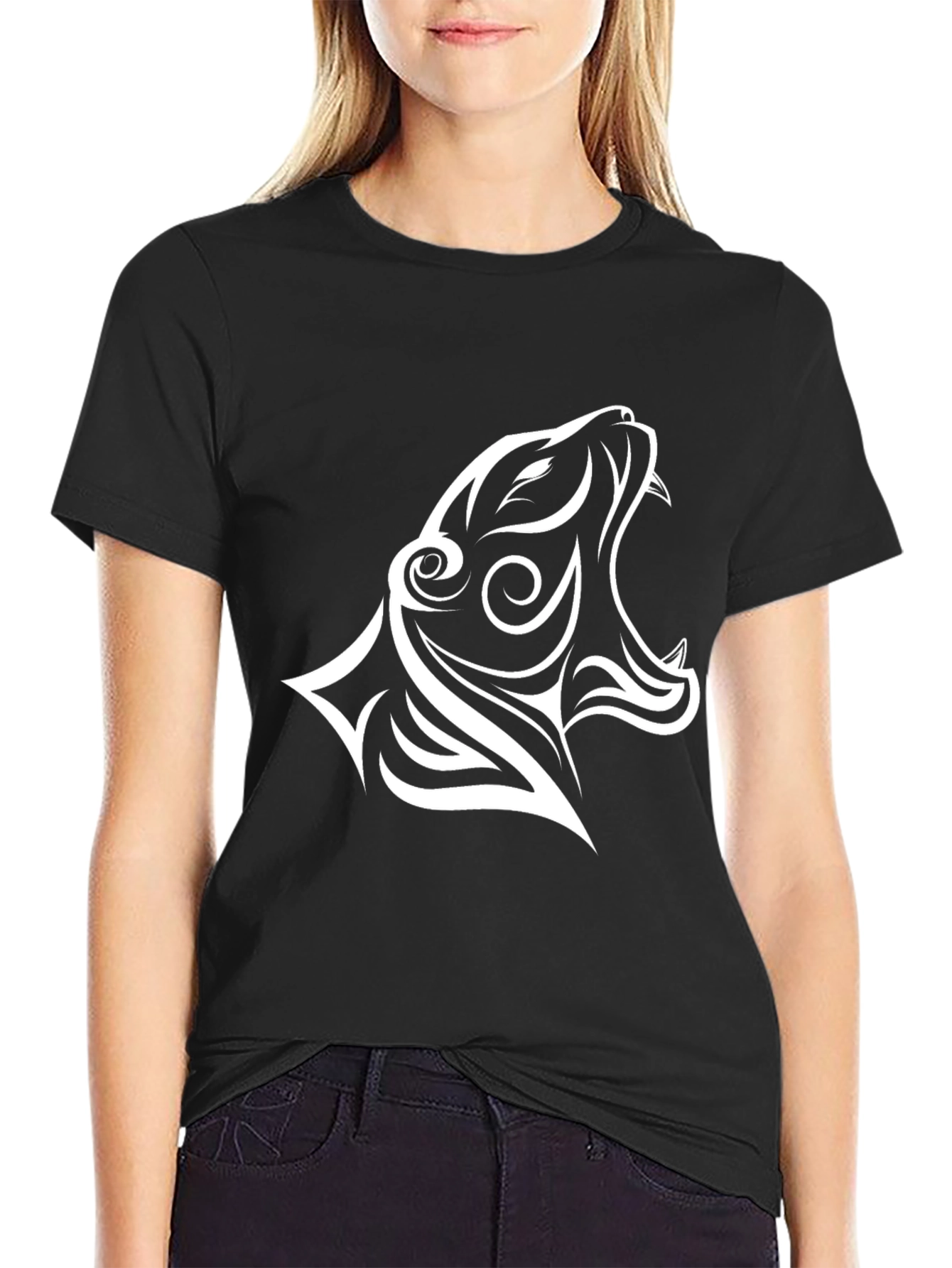 Black Black T-Shirt with White Tribal Tiger Design view 2