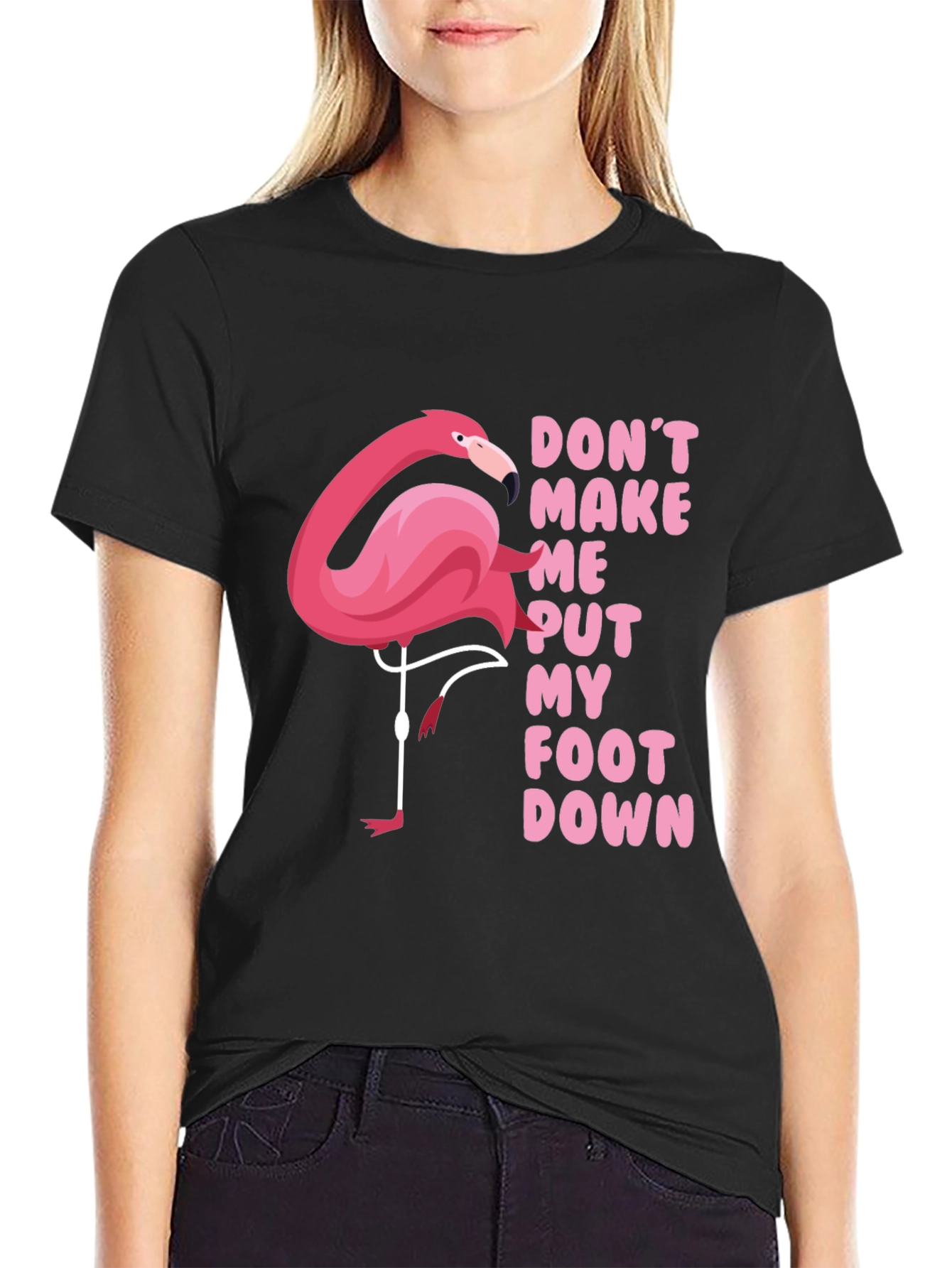 Black Funny Flamingo T-Shirt: Don't Make Me Put My Foot Down view 2