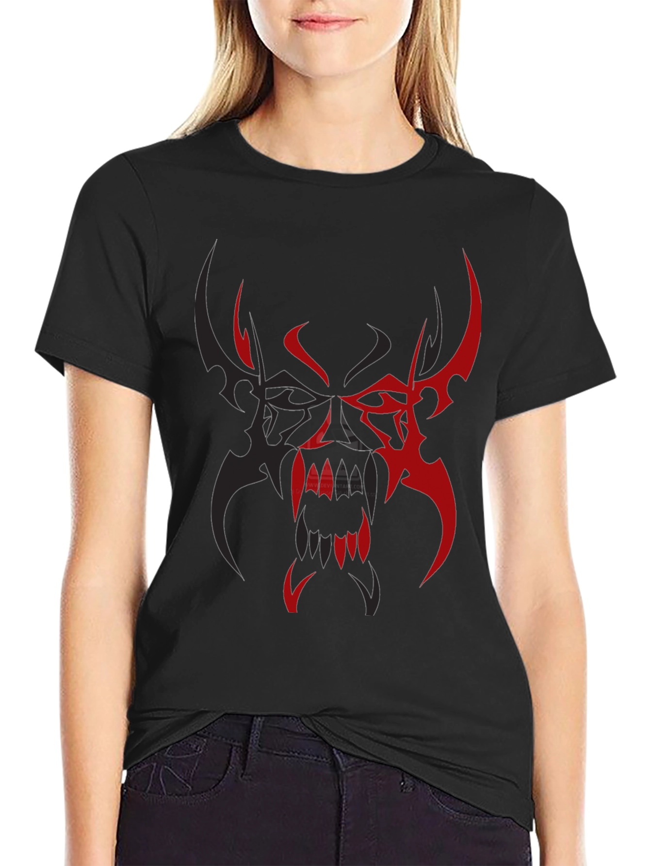 Black Men's Black T-Shirt with Red/Black Tribal Demon Design view 2