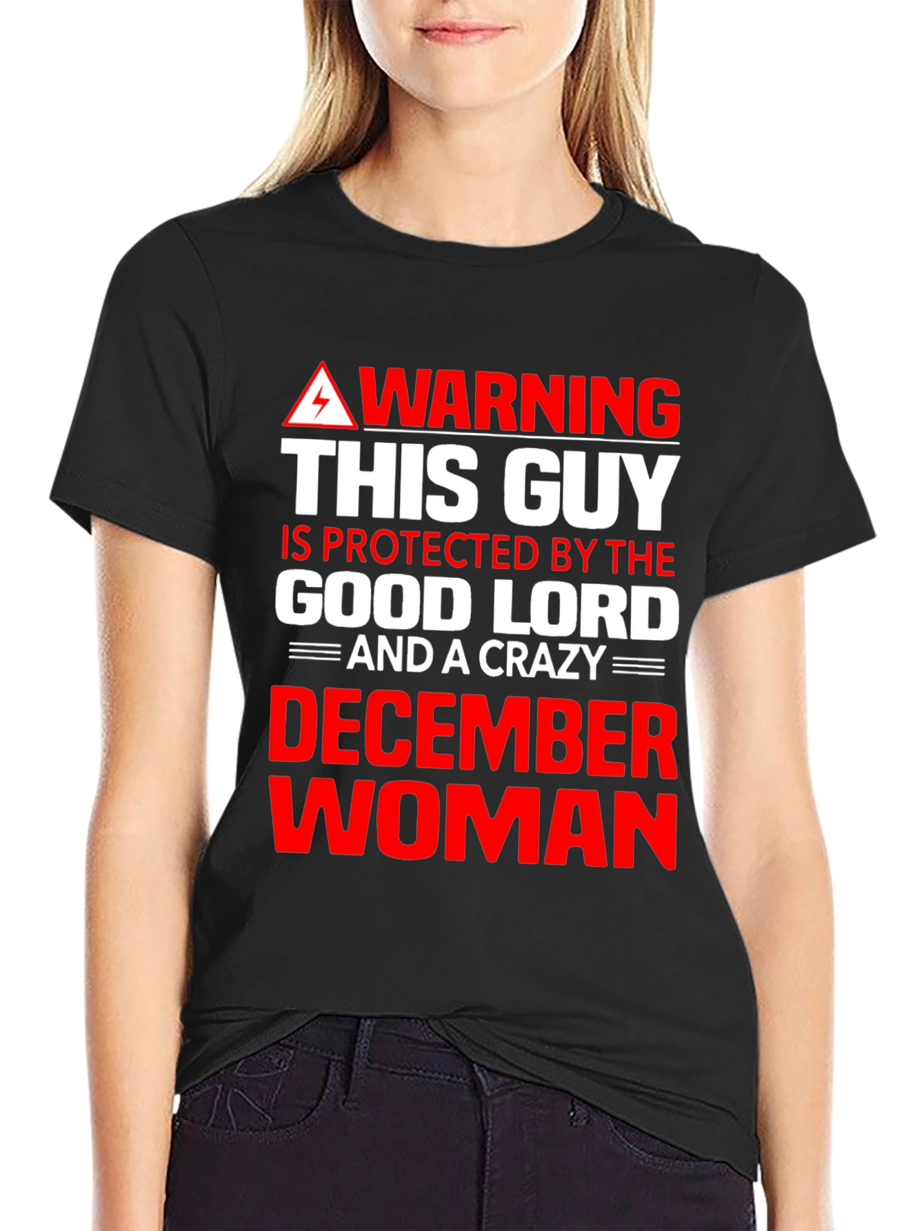 Black Warning: Protected By December Woman Graphic Tee view 2