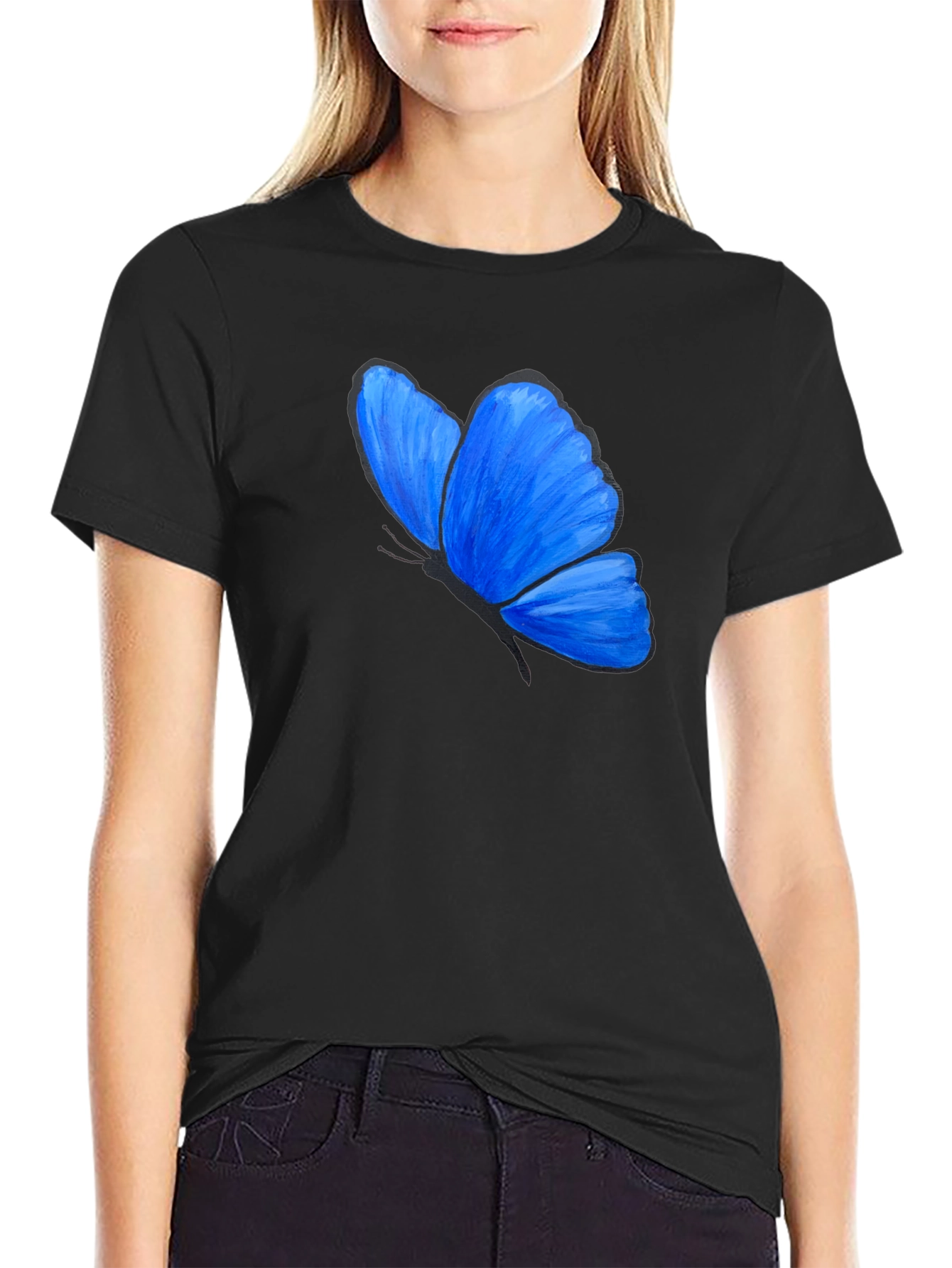 Black Blue Butterfly Graphic T-Shirt - Unisex view 2