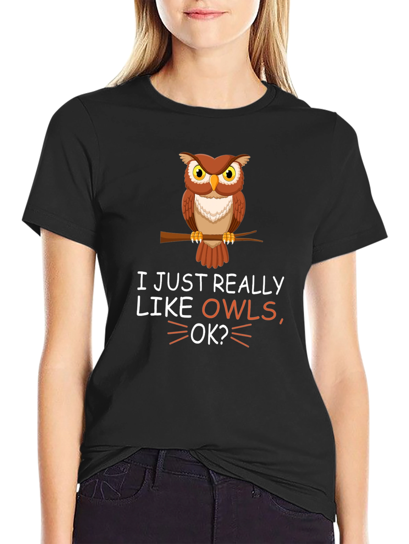 Black I Just Really Like Owls OK? T-Shirt view 2