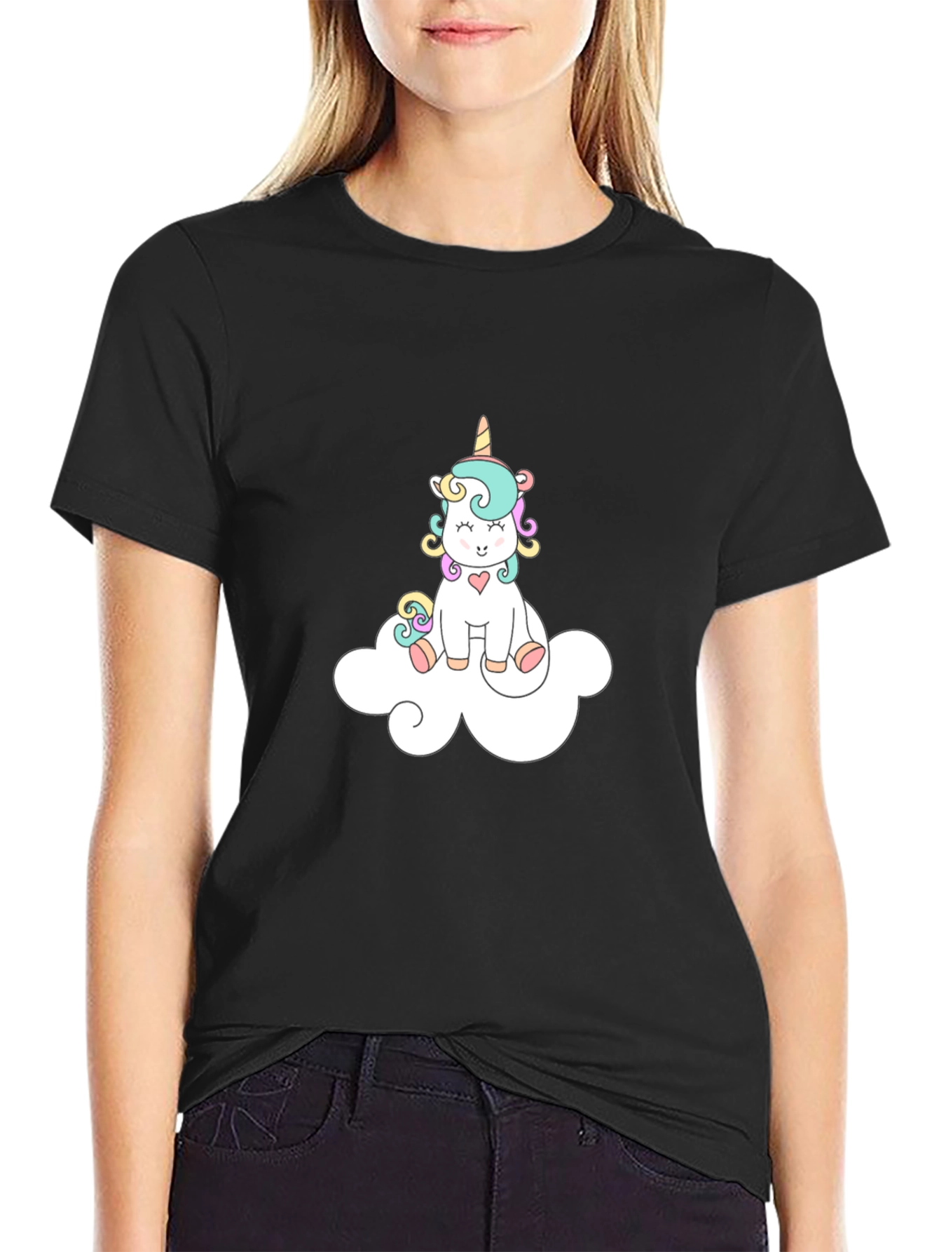 Black Cute Unicorn On Cloud Black T-Shirt view 2