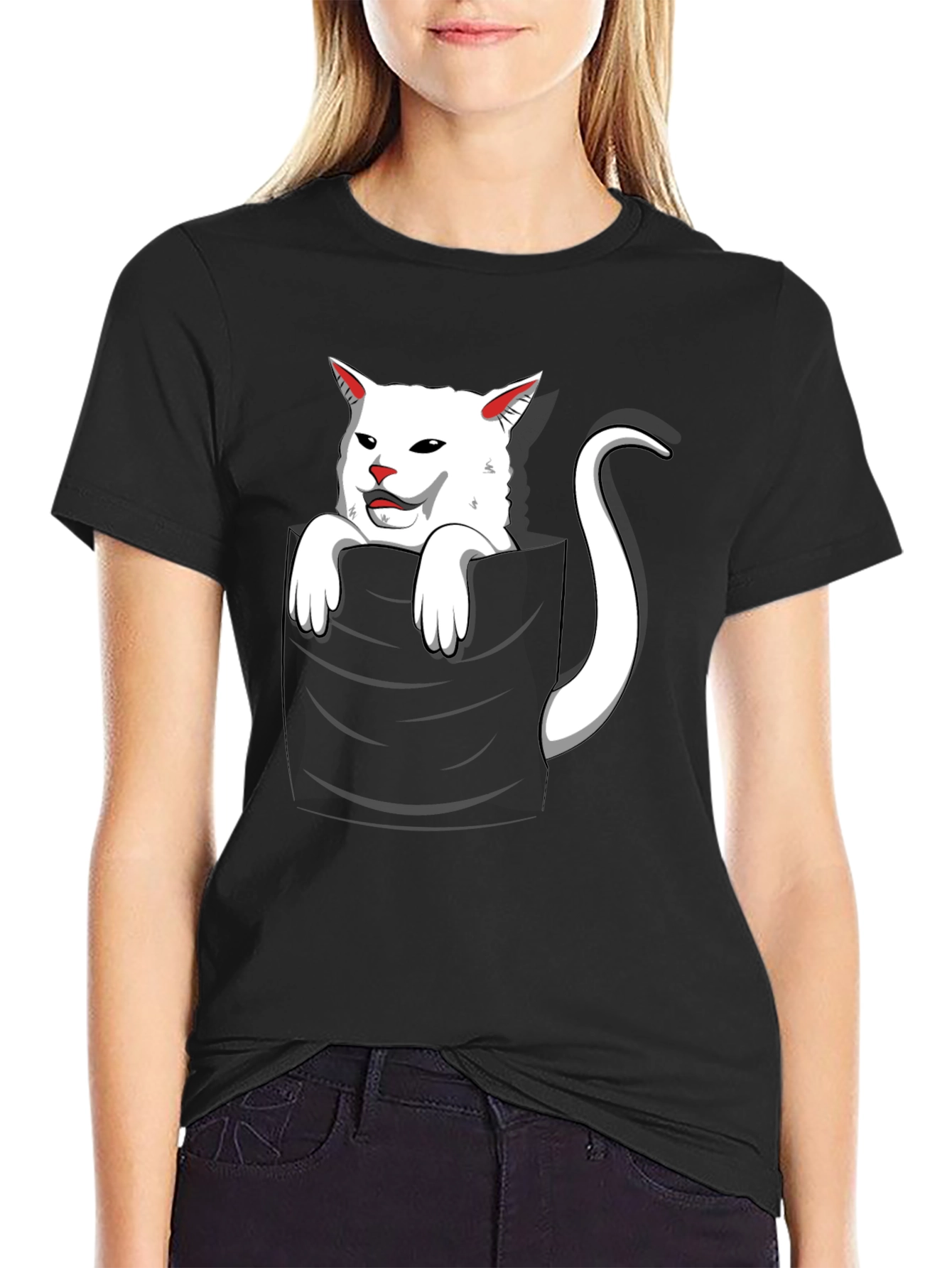 Black Cat Pocket T-Shirt - Funny White Cat Design view 2
