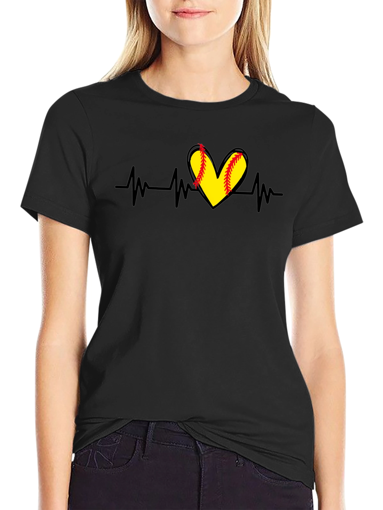 Black Softball Heartbeat T-Shirt - Black view 2