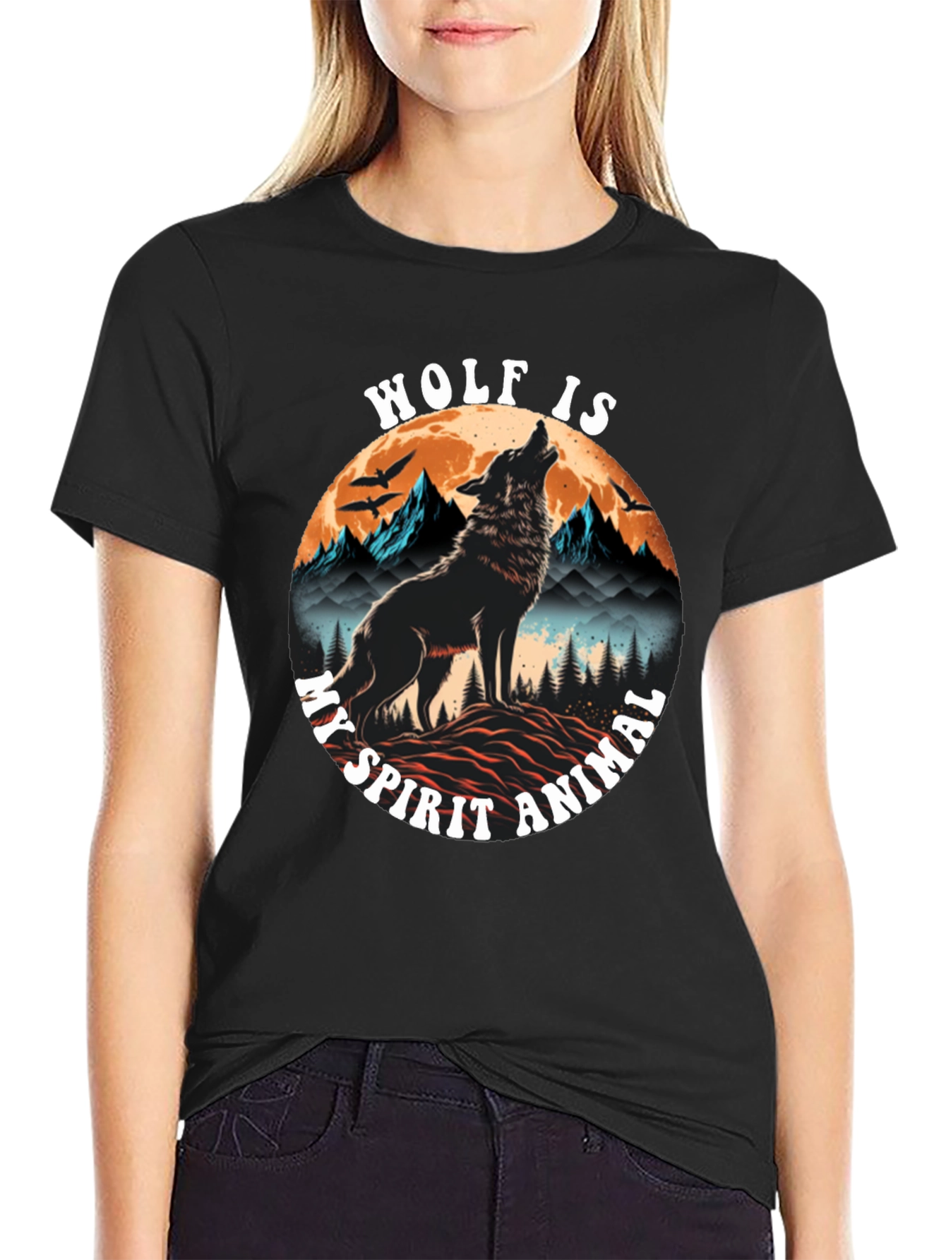 Black Wolf Spirit Animal Graphic Tee - Black Cotton Blend view 2