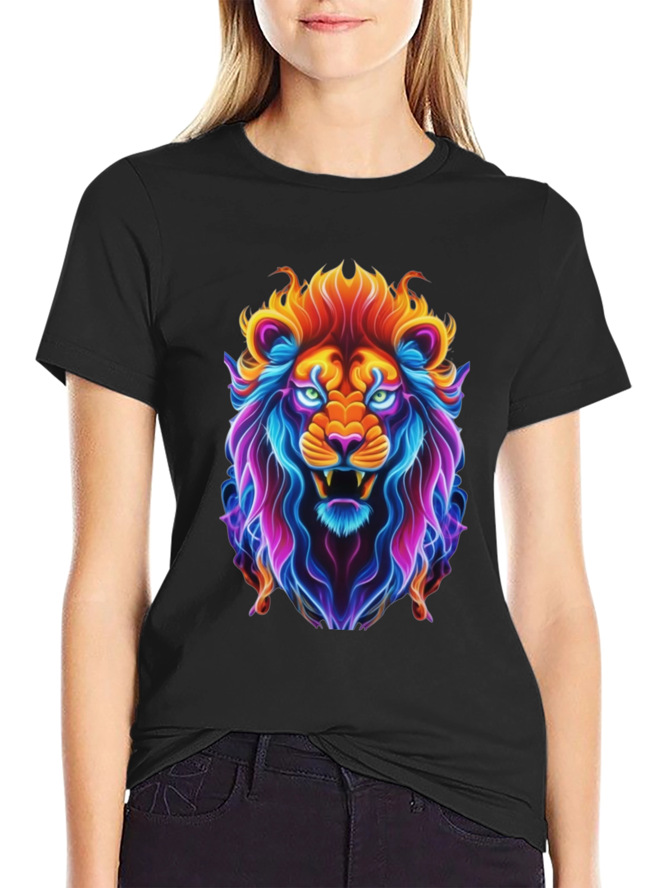Black Neon Lion Graphic Tee - Bold Animal Print view 2