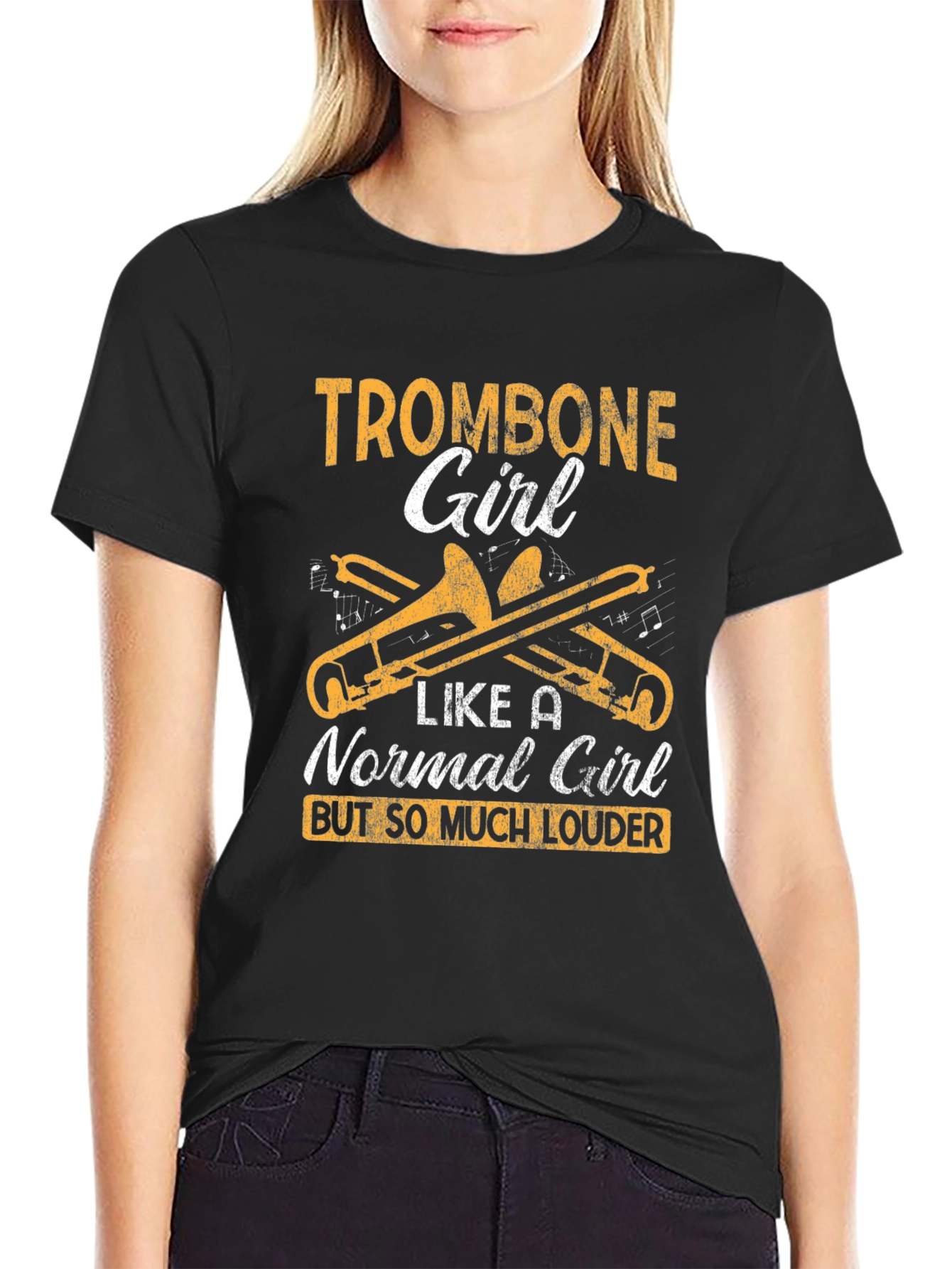 Black Trombone Girl Graphic Tee - Musician's Humor T-Shirt view 2