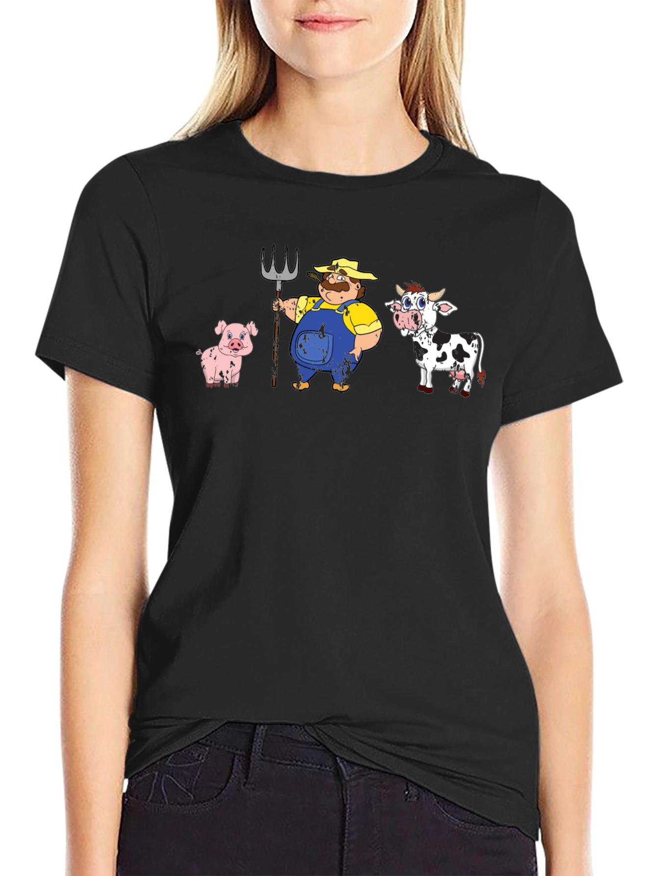 Black Cartoon Farm Animals T-Shirt view 2