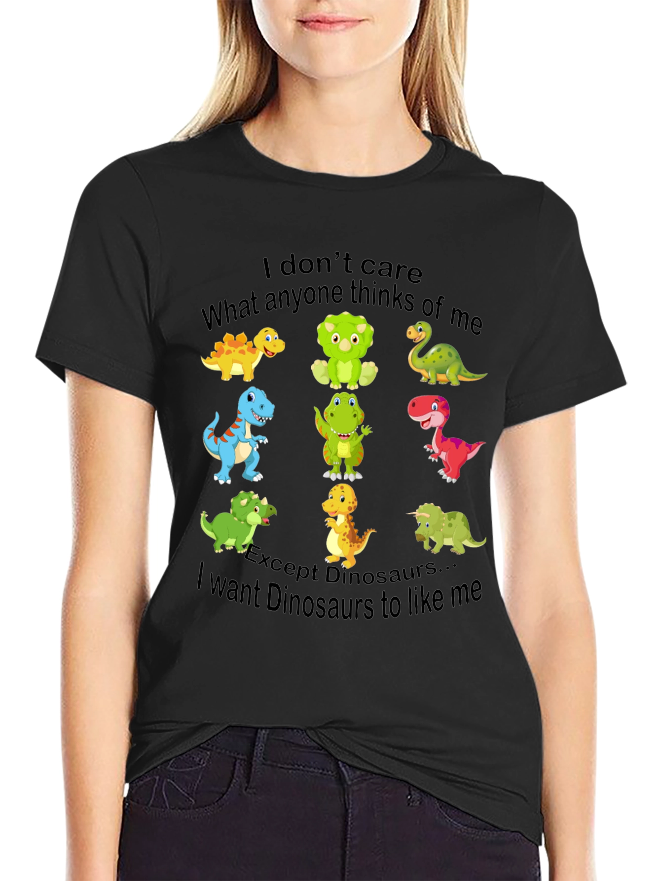 Black Funny Dinosaur Graphic T-Shirt - I Don't Care, Dinosaurs Like Me view 2