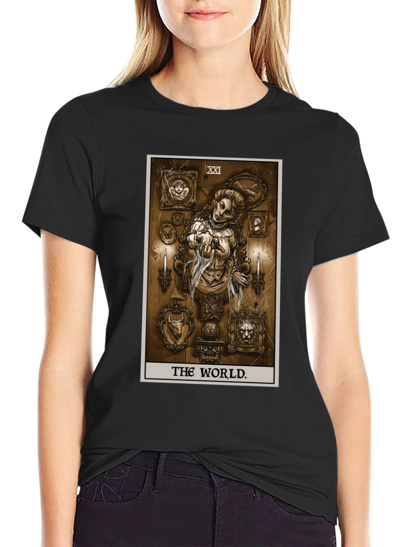 Black The World Tarot Card Black T-Shirt view 2