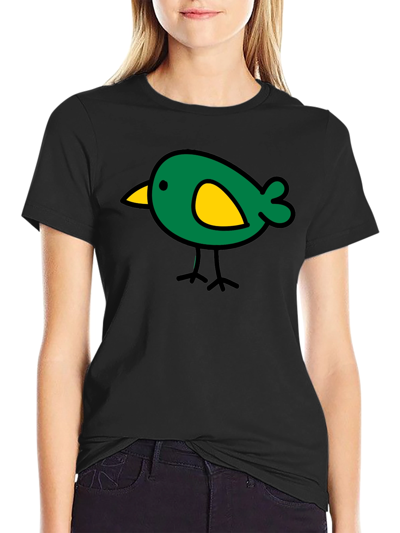 Black Cute Bird Graphic Tee - Black Cotton Casual T-Shirt view 2