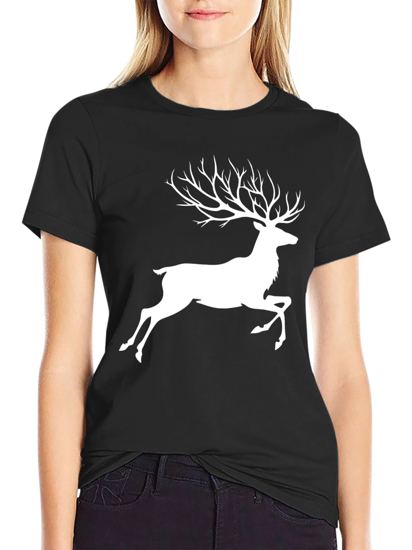Black Stylish Deer Antler Graphic T-Shirt - Black view 2