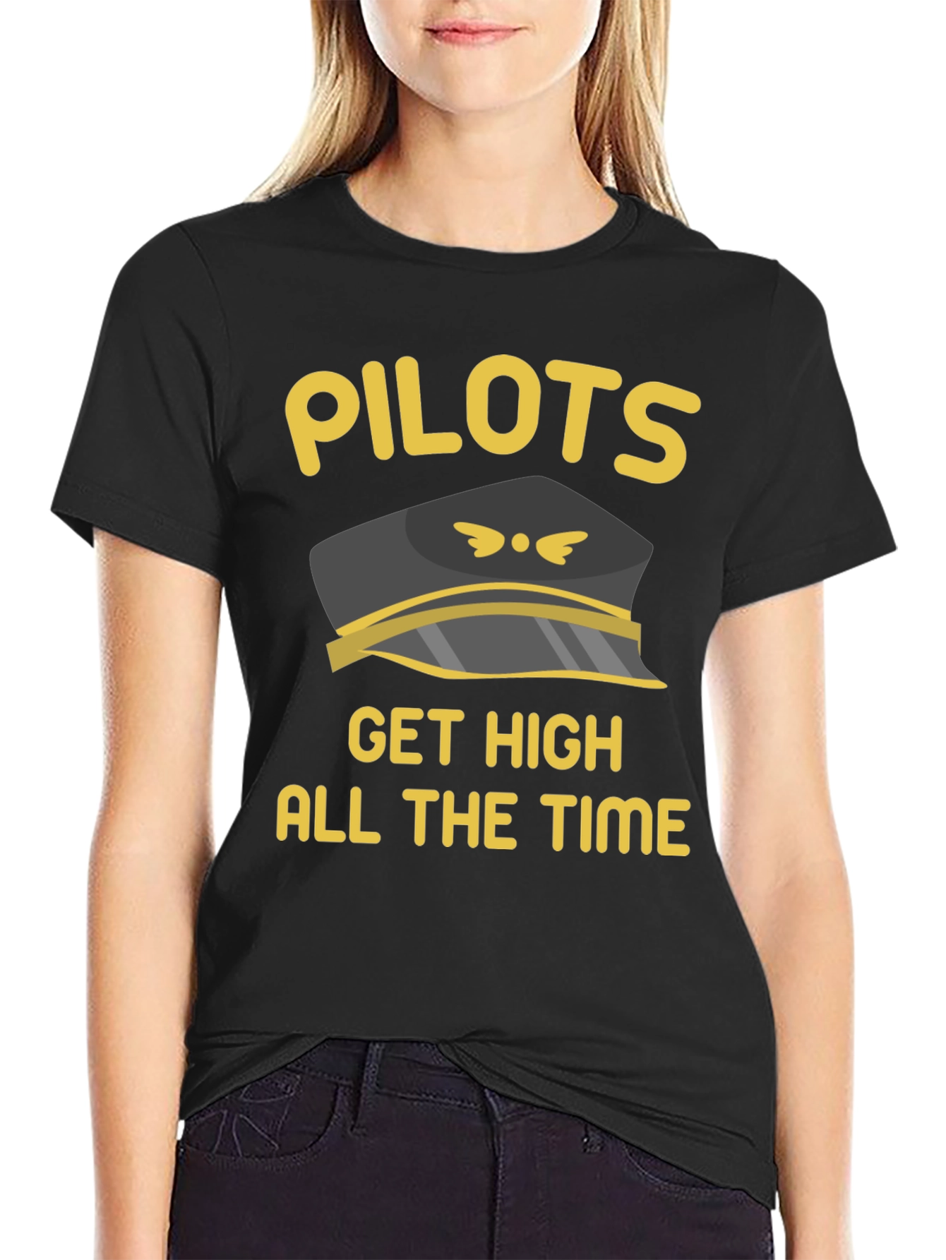 Black Pilots Get High T-Shirt Black Crew Neck Novelty Graphic Tee view 2