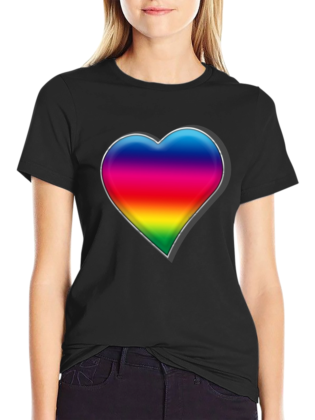 Black Rainbow Heart Graphic Tee - Black Cotton Blend Shirt view 2