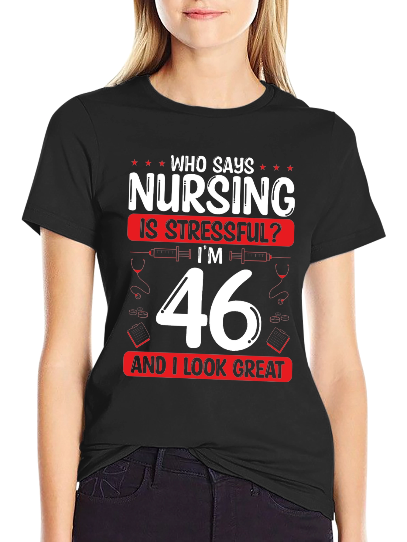 Black Funny Nursing 46th Birthday T-Shirt view 2