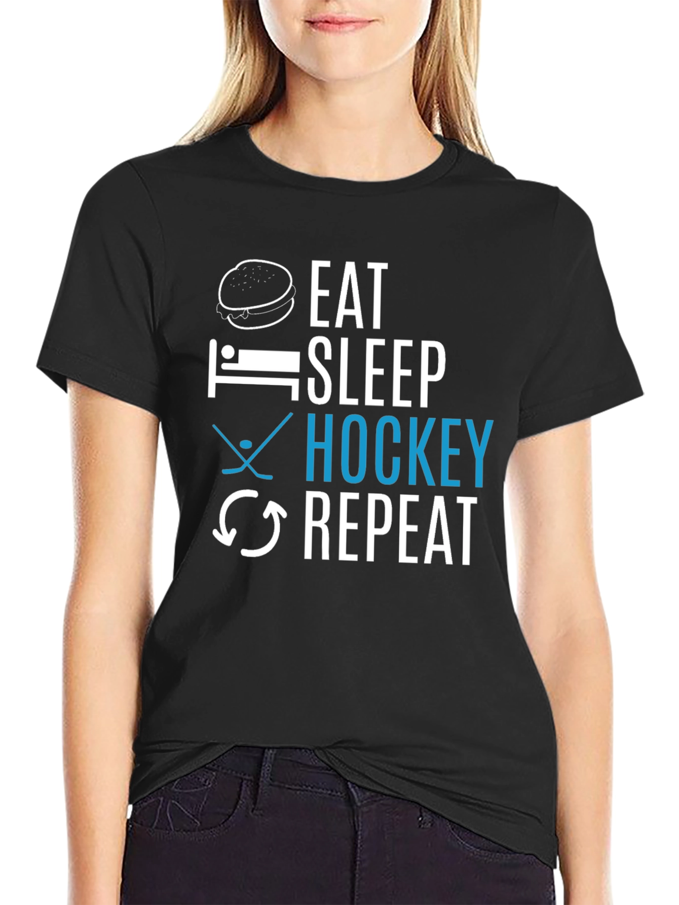 Black Eat Sleep Hockey Repeat Graphic Tee view 2