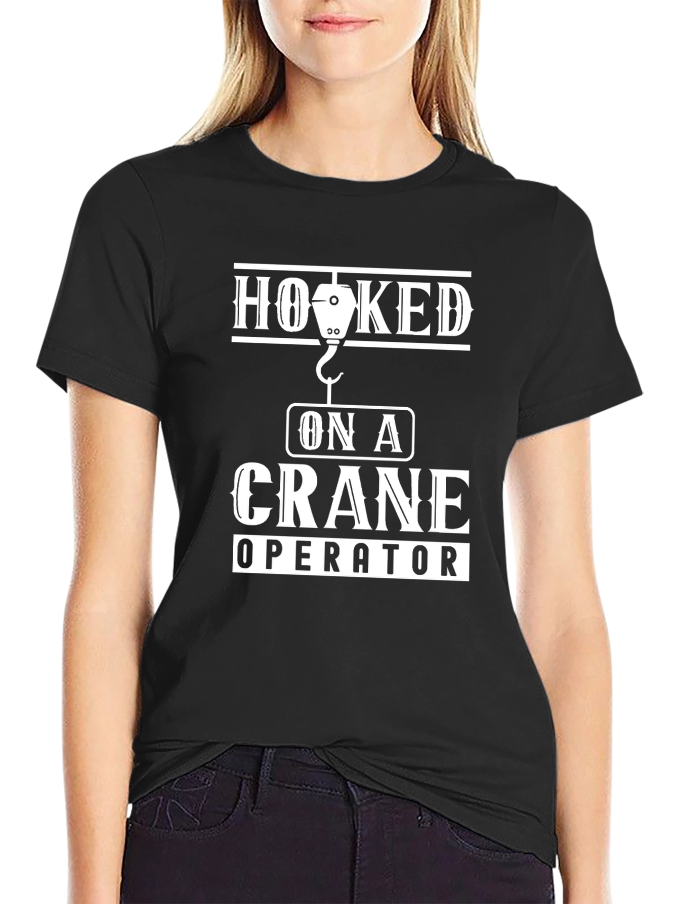 Black Hooked on a Crane Operator Black T-Shirt view 2