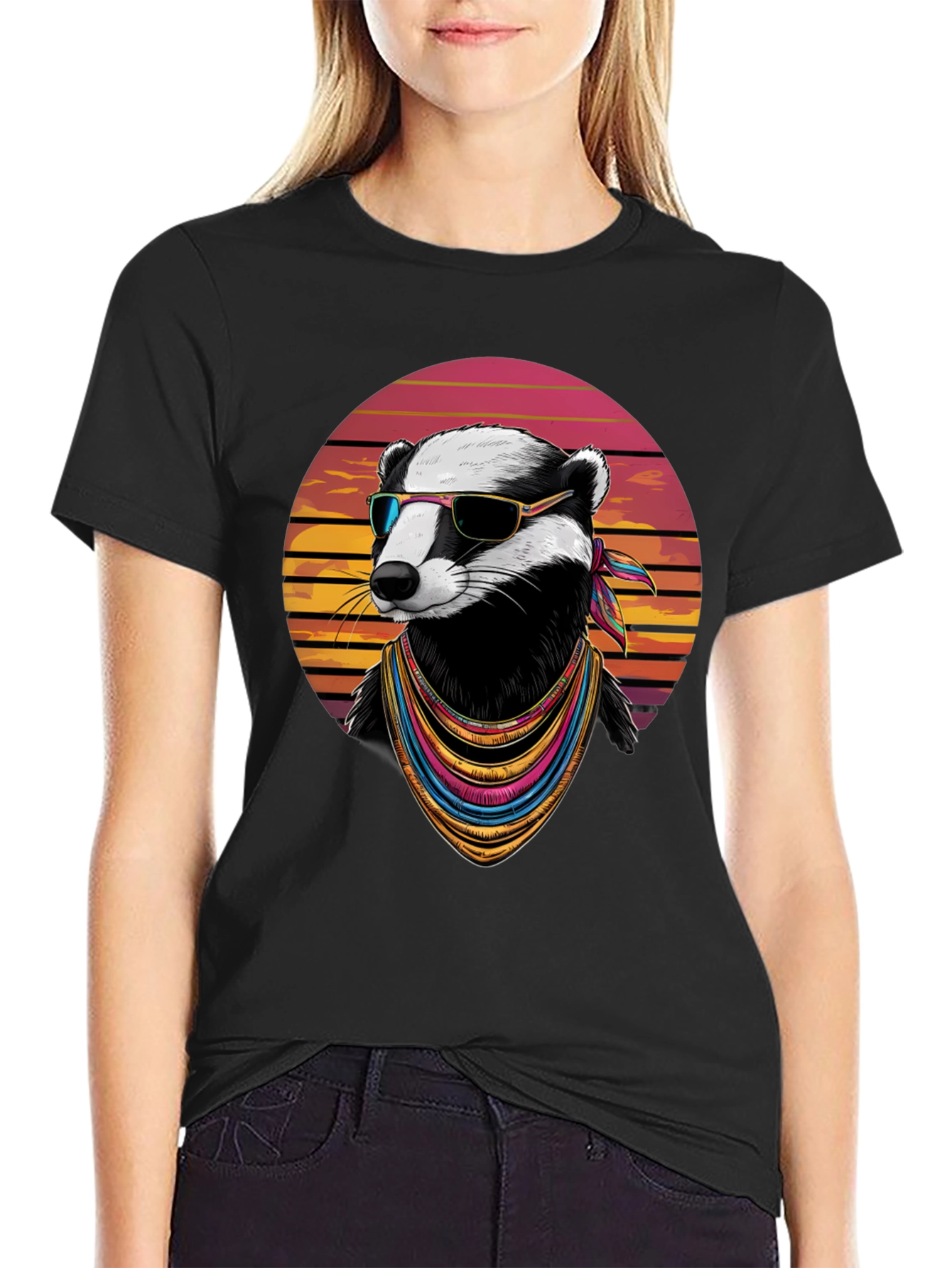 Black Cool Badger Graphic Tee - Retro Animal Shirt view 2