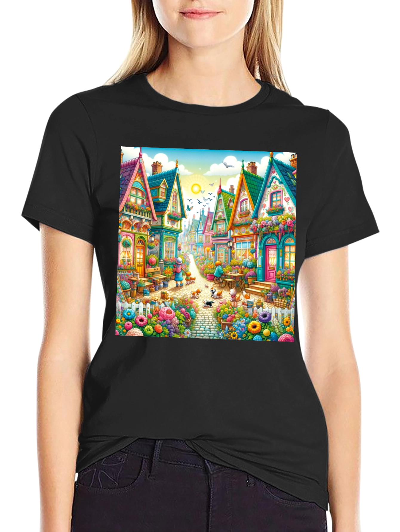 Black Whimsical Village T-Shirt - Colorful Town Design view 2