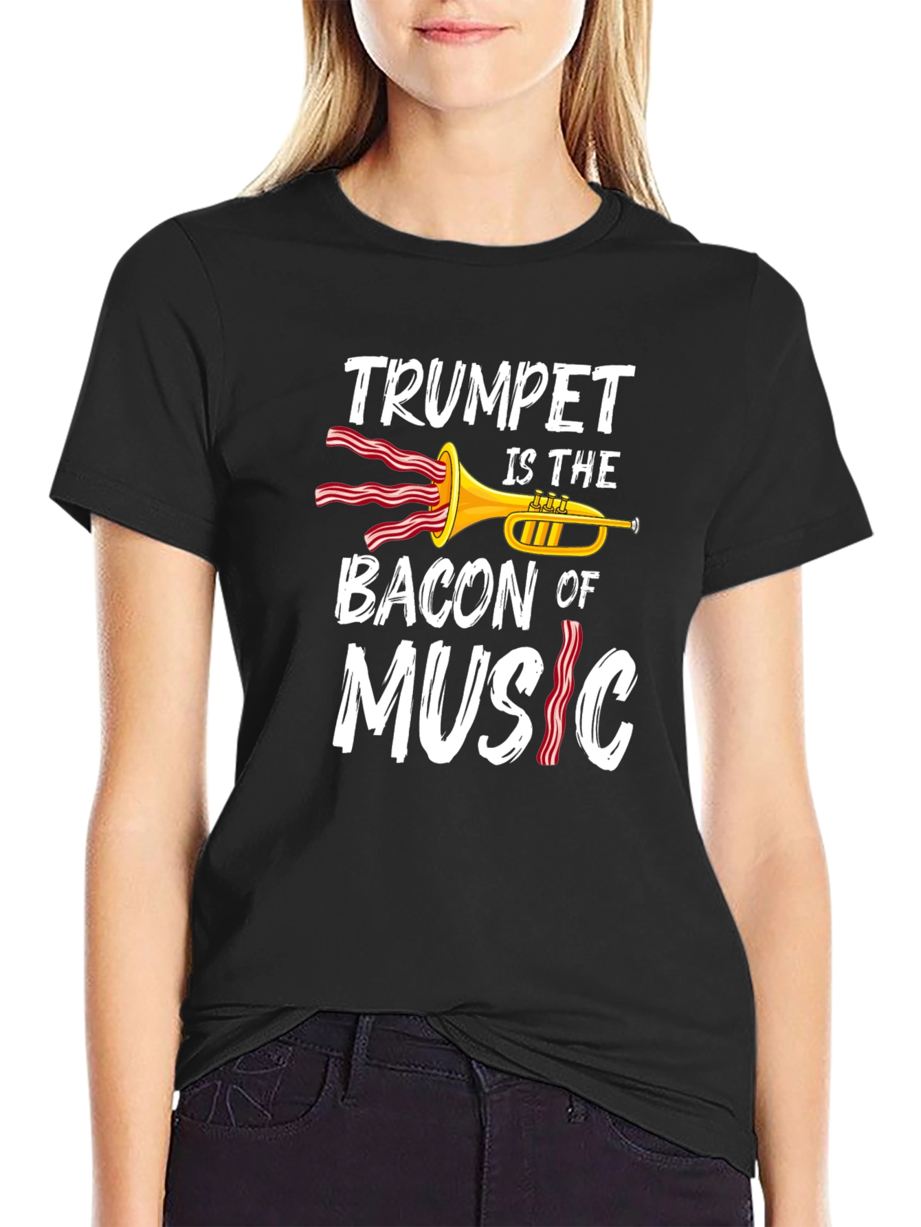 Black Trumpet Bacon Music Graphic Tee view 2