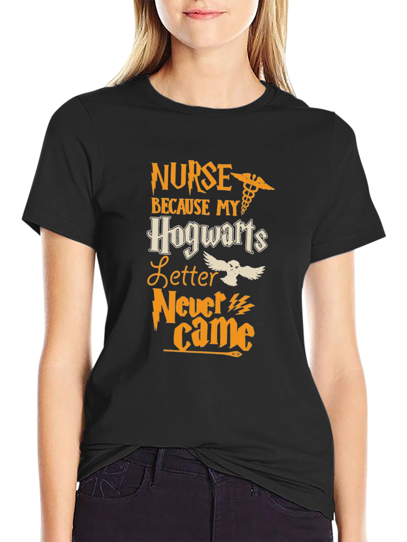 Black Nurse Hogwarts Letter T-Shirt - Black Cotton view 2