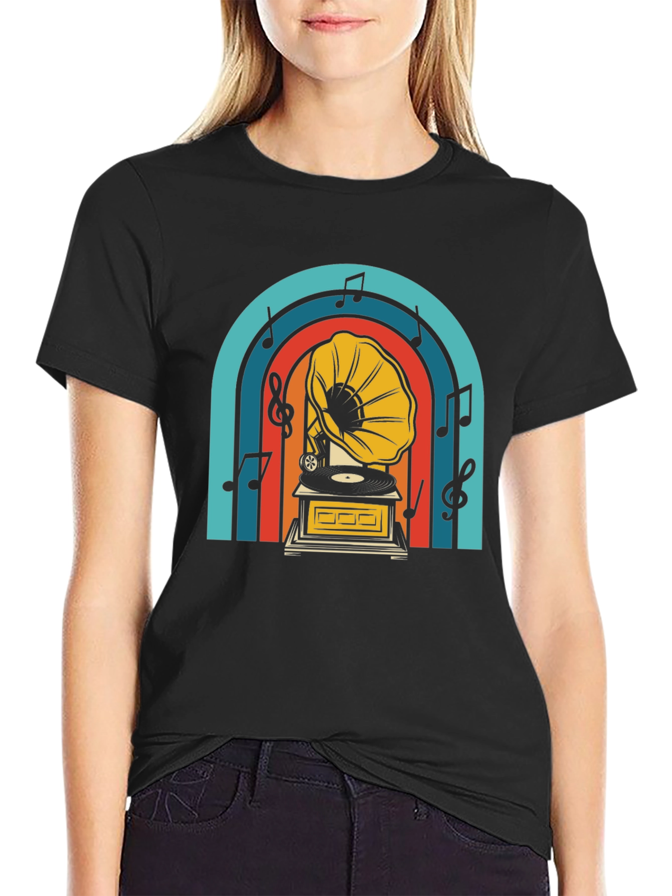 Black Retro Gramophone T-Shirt - Vintage Music Lover Tee view 2