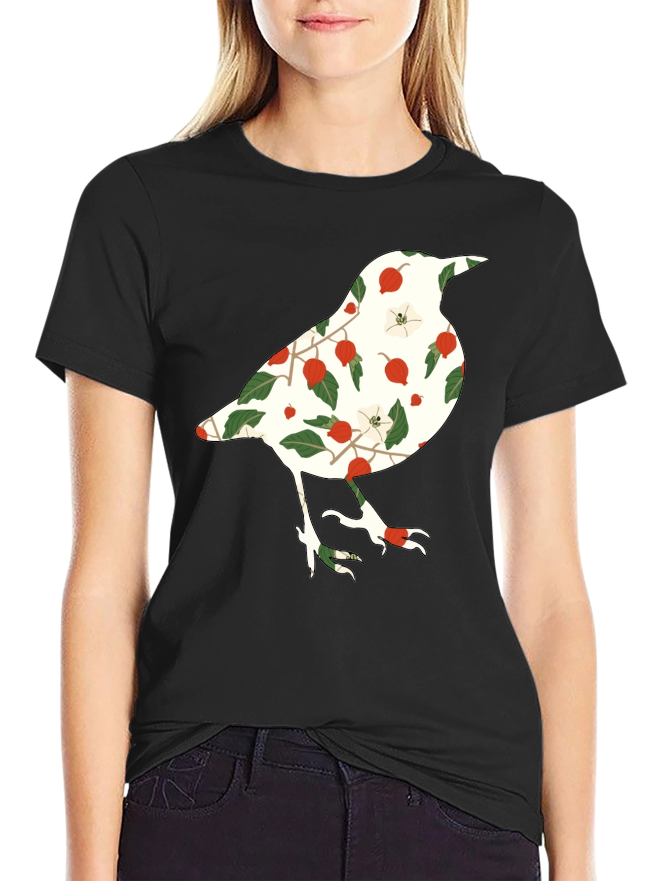 Black Floral Bird Graphic Tee - Black Casual T-Shirt view 2