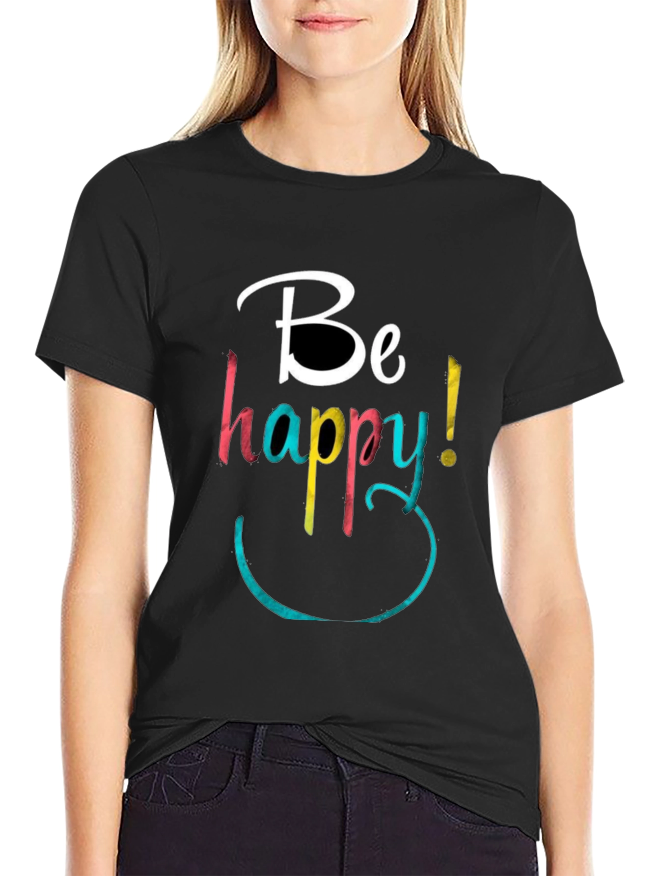 Black Be Happy Graphic Tee - Black Cotton Blend view 2